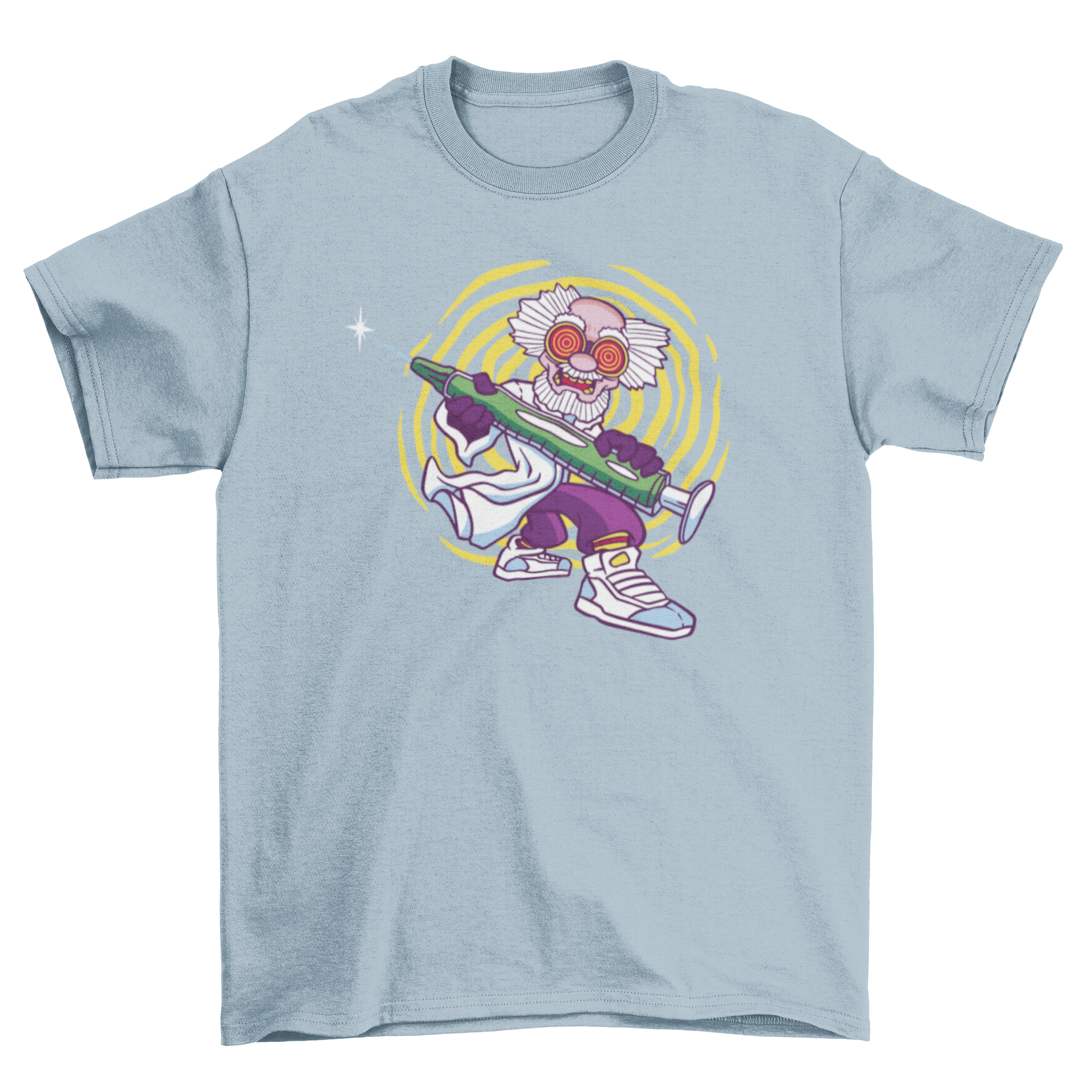 Cool mad scientist t-shirt featuring a scientist with a giant vaccine graphic, perfect for science enthusiasts.