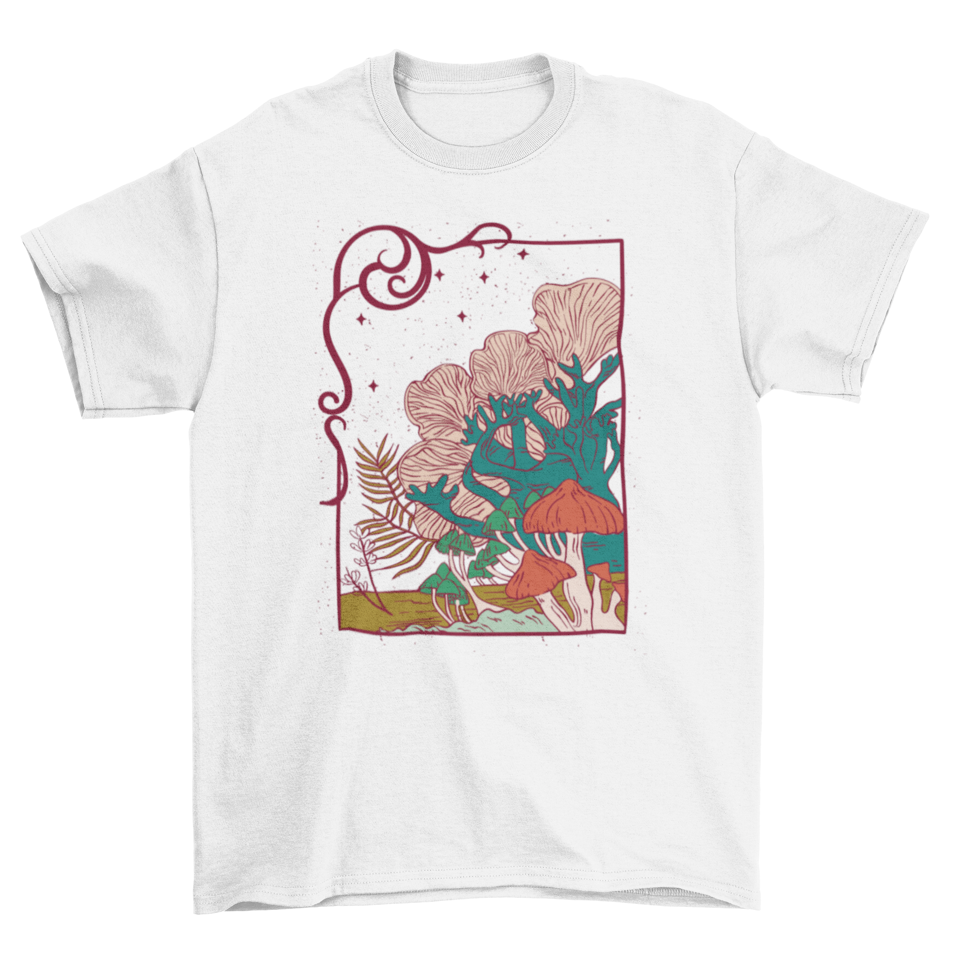 A stylish t-shirt featuring a vibrant illustration of mushrooms, showcasing intricate details and colors.