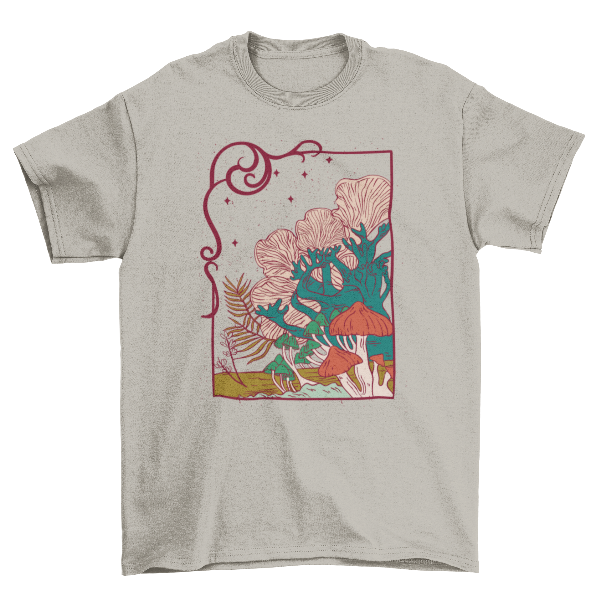 A stylish t-shirt featuring a vibrant illustration of mushrooms, showcasing intricate details and colors.