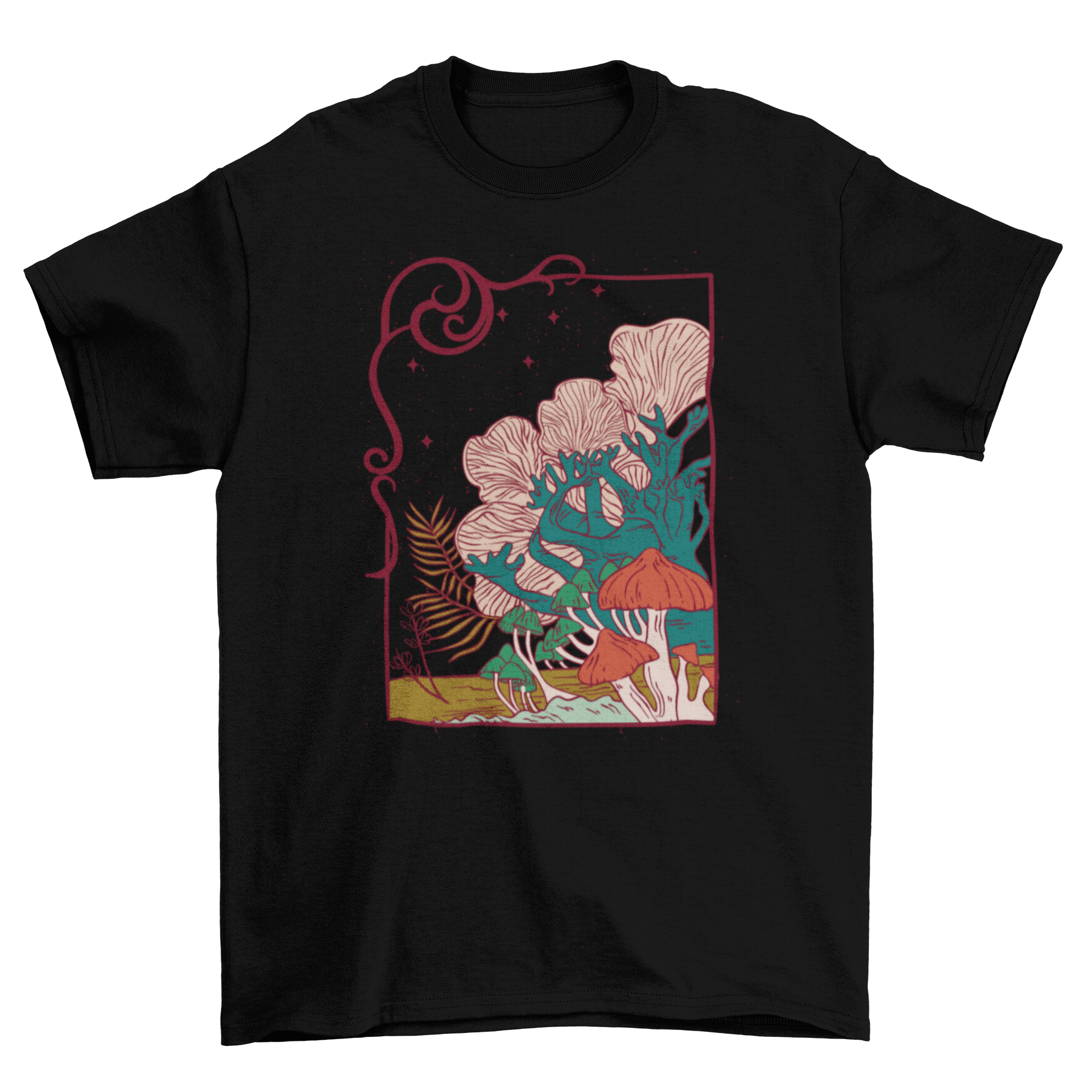 A stylish t-shirt featuring a vibrant illustration of mushrooms, showcasing intricate details and colors.