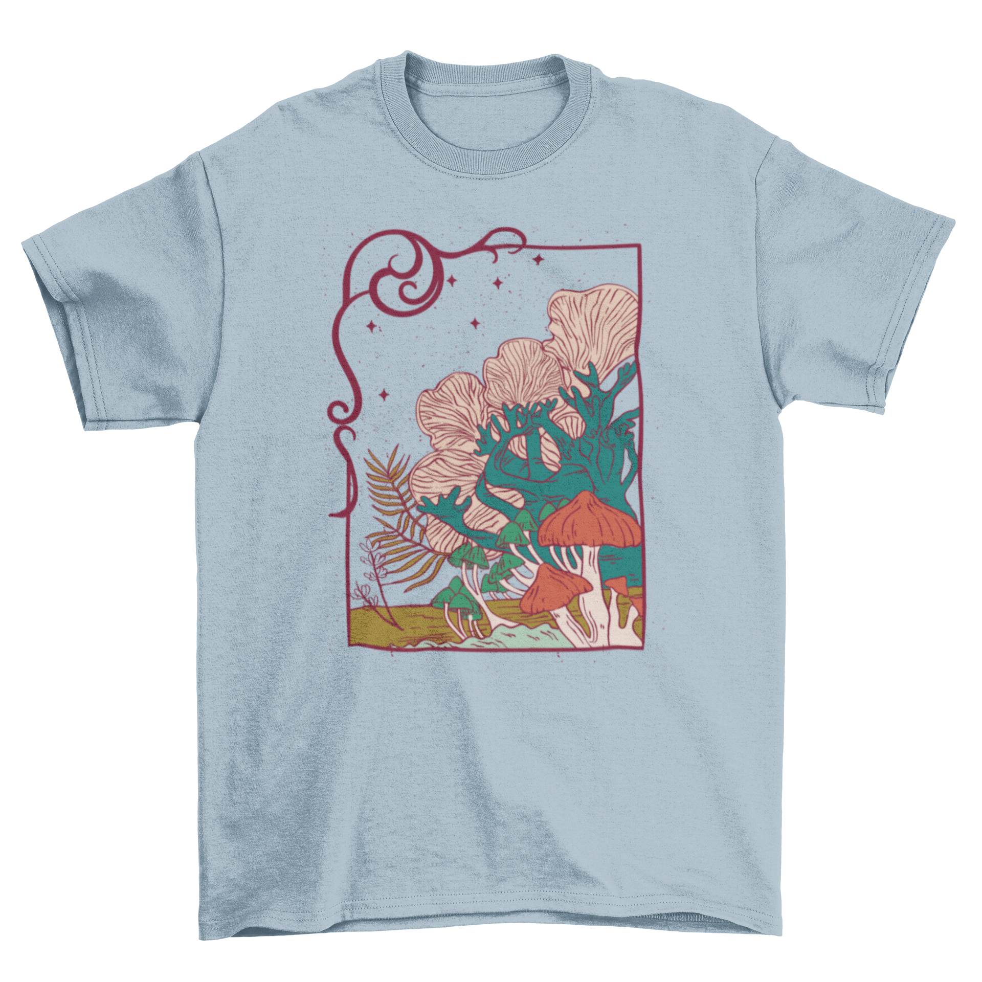 A stylish t-shirt featuring a vibrant illustration of mushrooms, showcasing intricate details and colors.