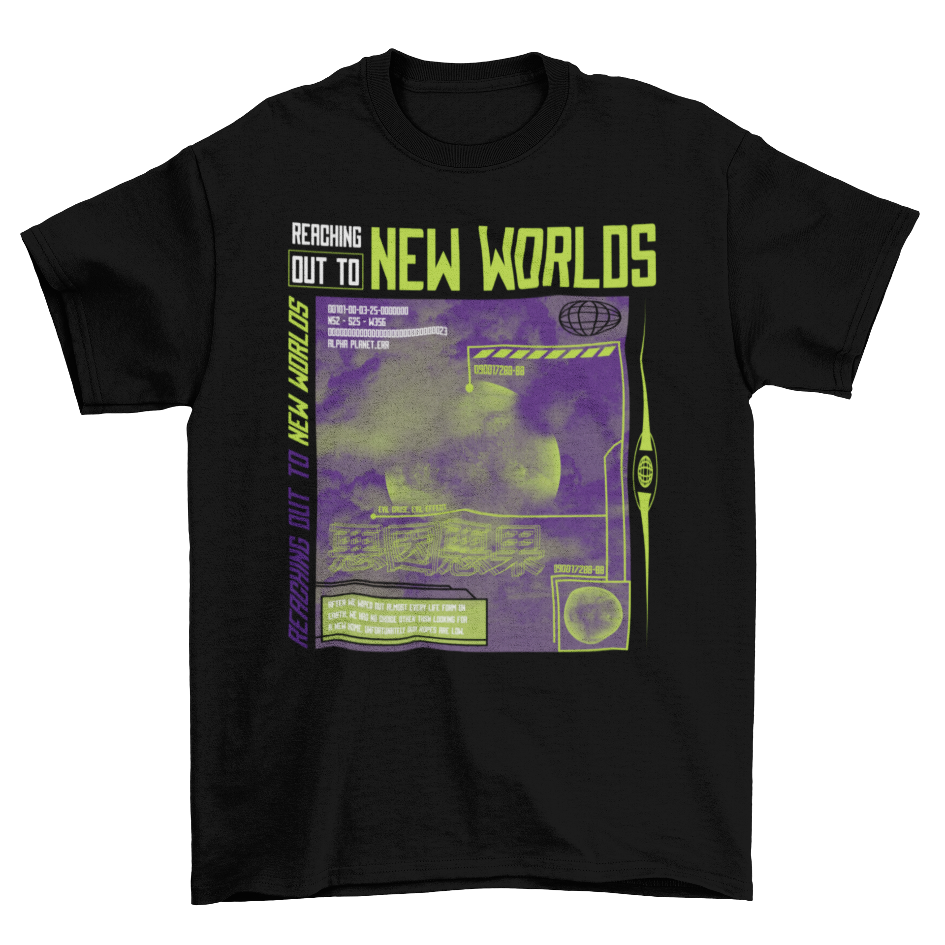 Cool t-shirt featuring a foggy planet design with the quote 'Reaching out to new worlds'.
