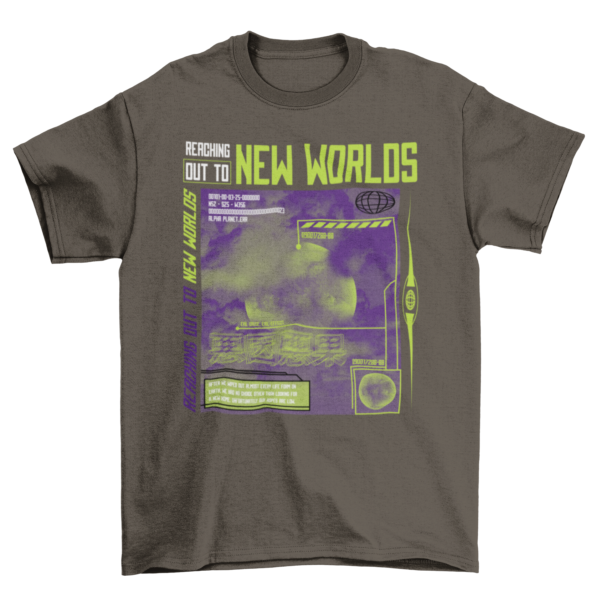 Cool t-shirt featuring a foggy planet design with the quote 'Reaching out to new worlds'.