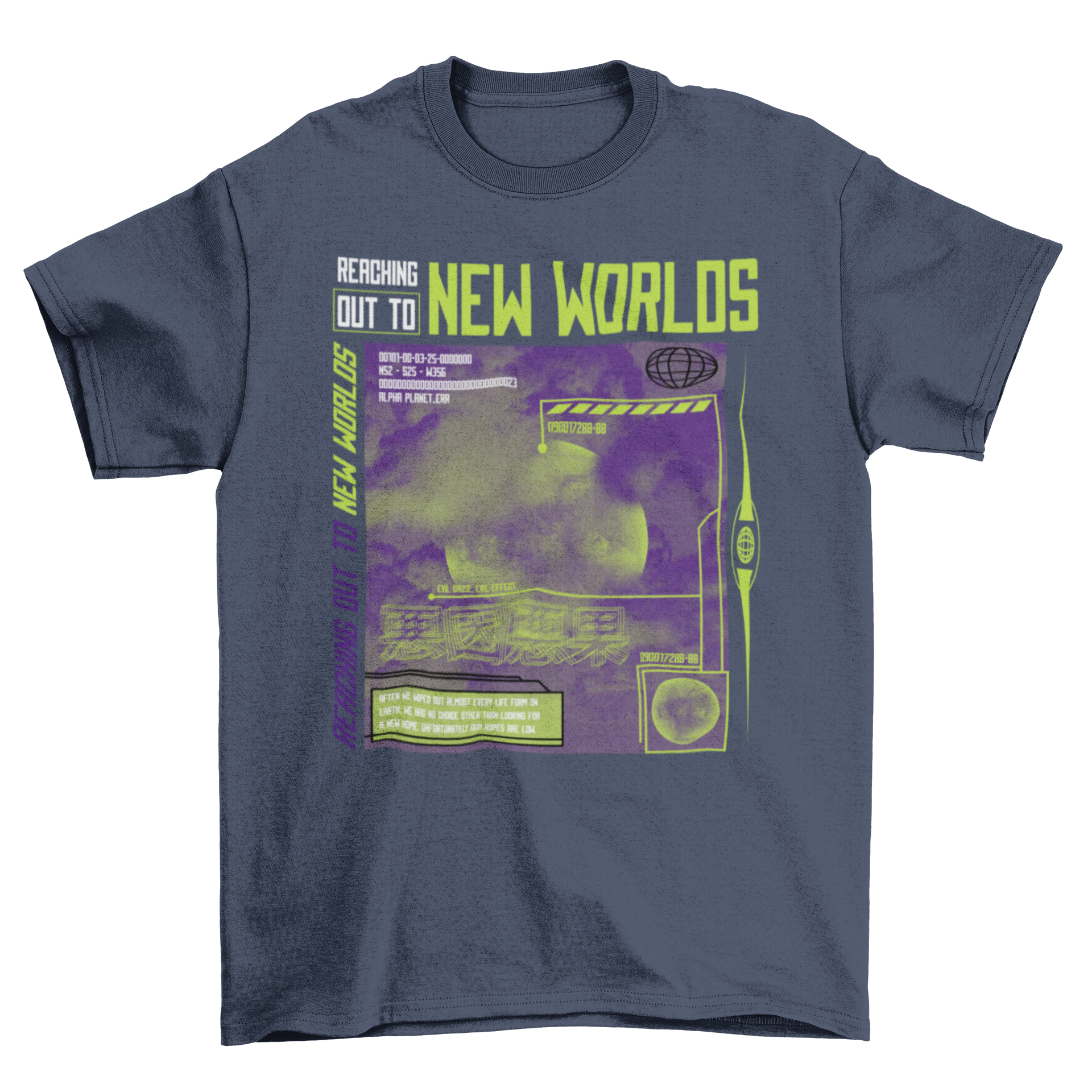 Cool t-shirt featuring a foggy planet design with the quote 'Reaching out to new worlds'.