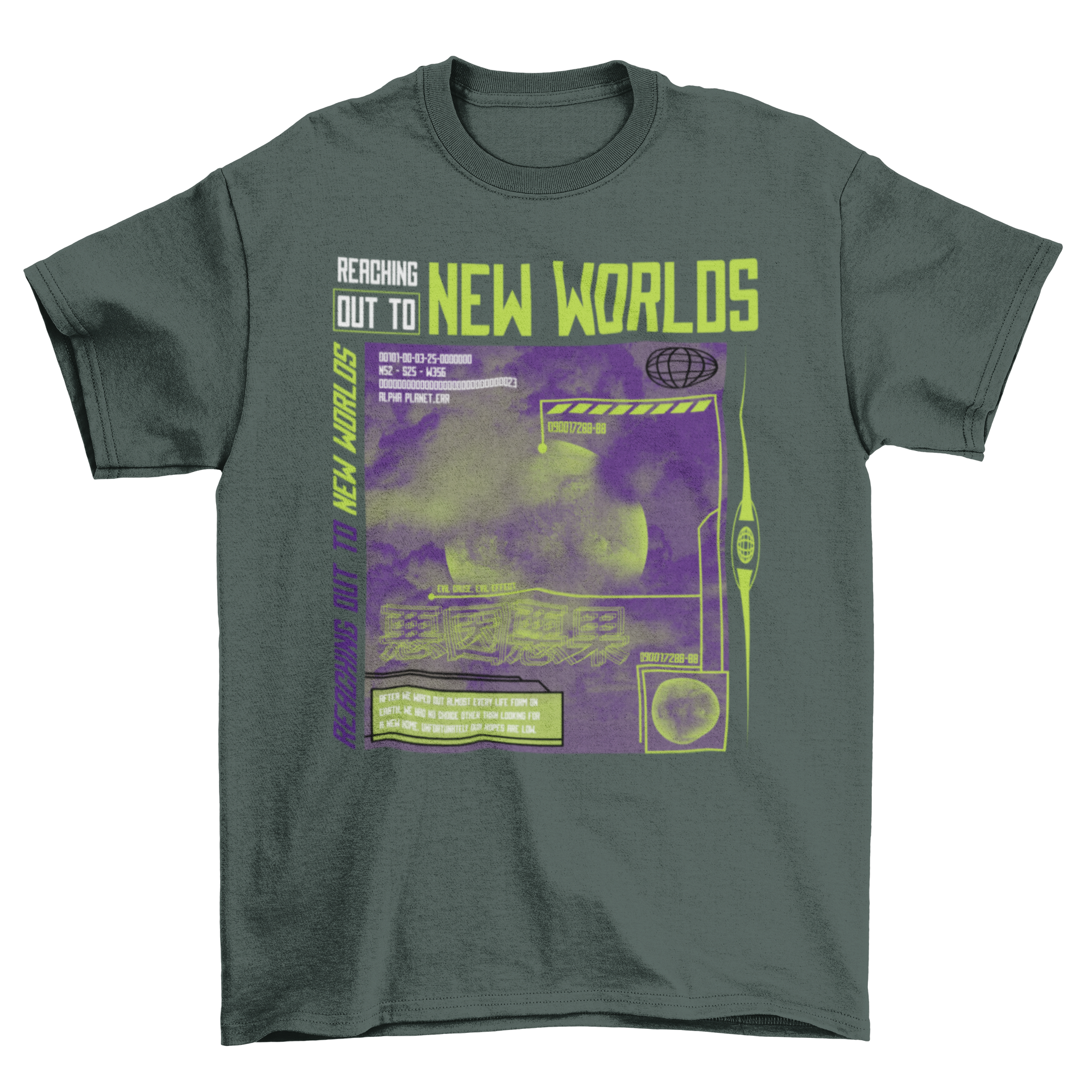 Cool t-shirt featuring a foggy planet design with the quote 'Reaching out to new worlds'.