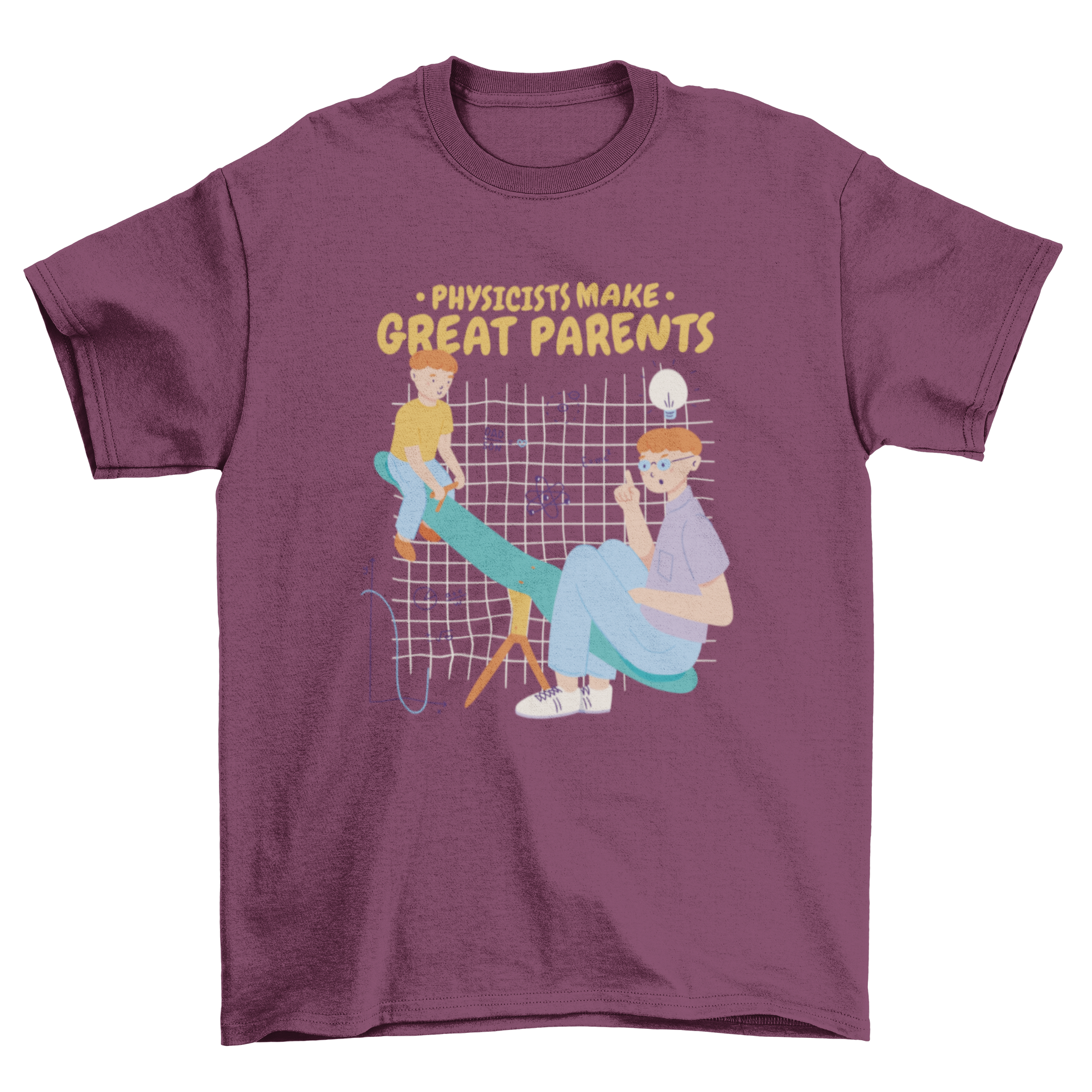 Cool physicist dad t-shirt featuring a father and son on a seesaw surrounded by science motifs and a playful quote.