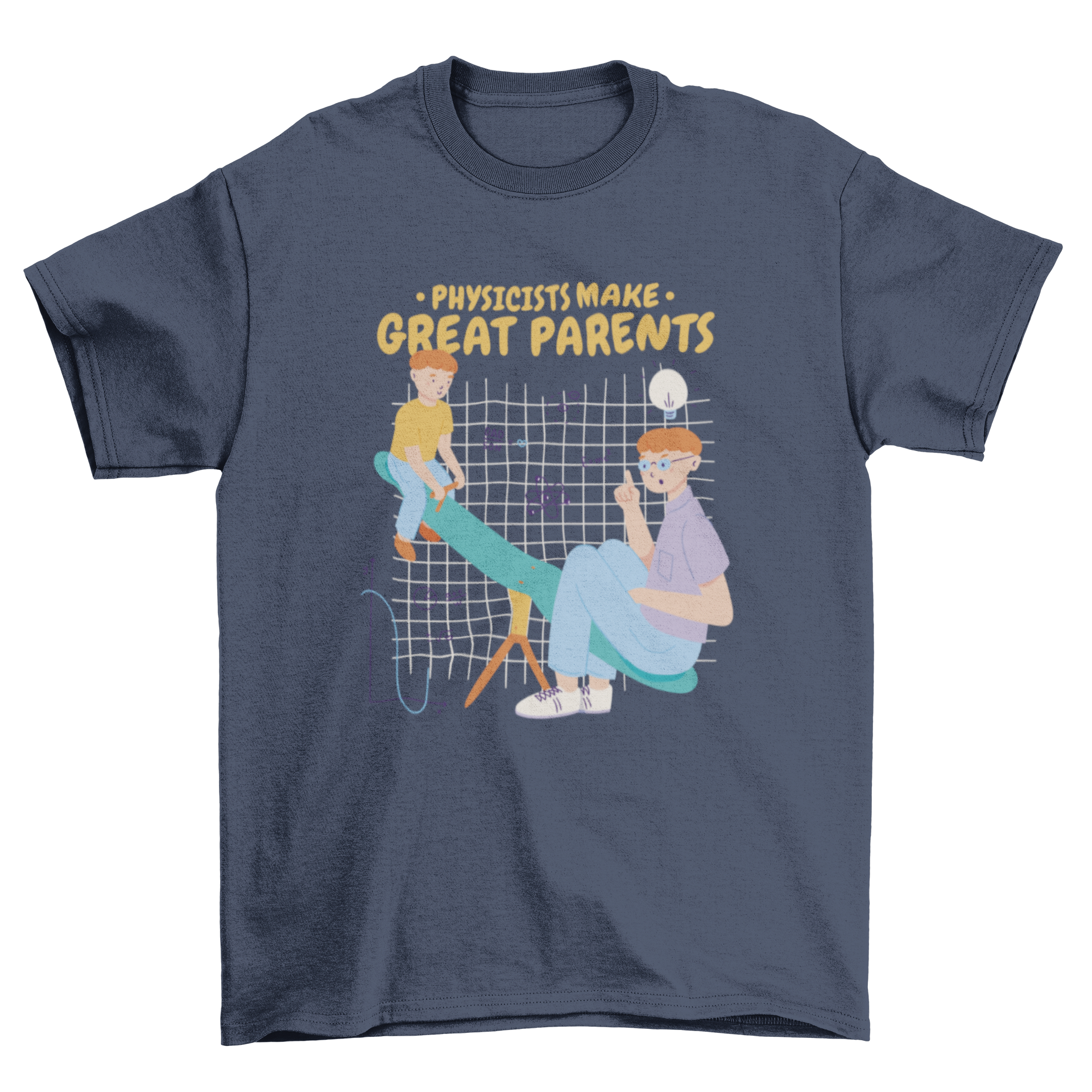 Cool physicist dad t-shirt featuring a father and son on a seesaw surrounded by science motifs and a playful quote.