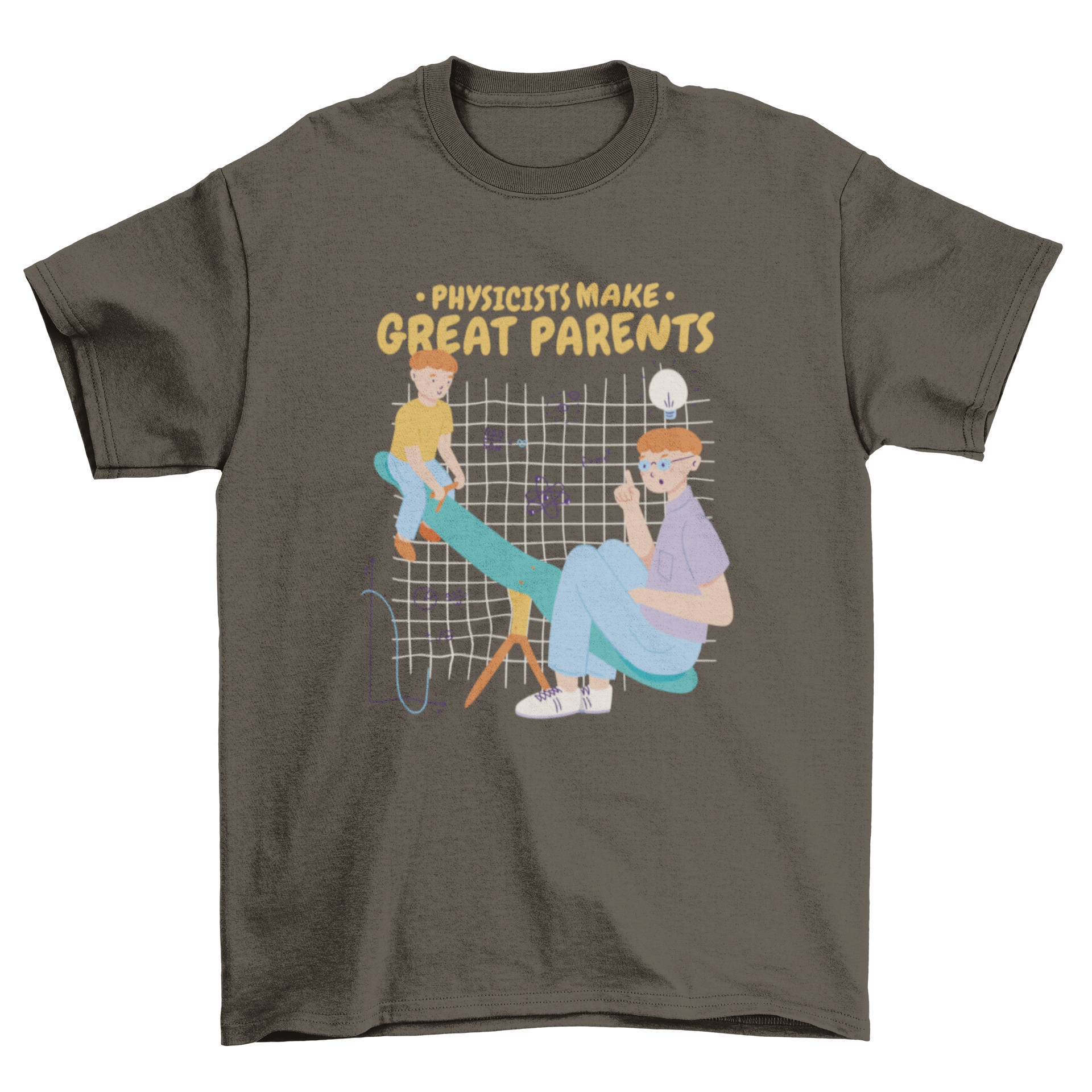 Cool physicist dad t-shirt featuring a father and son on a seesaw surrounded by science motifs and a playful quote.
