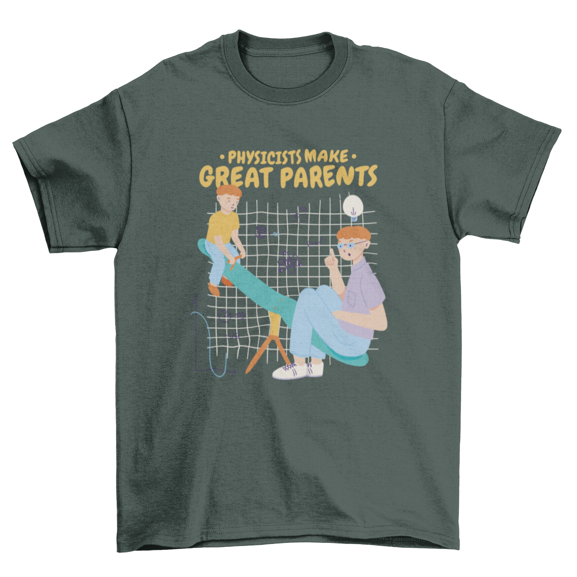 Cool physicist dad t-shirt featuring a father and son on a seesaw surrounded by science motifs and a playful quote.