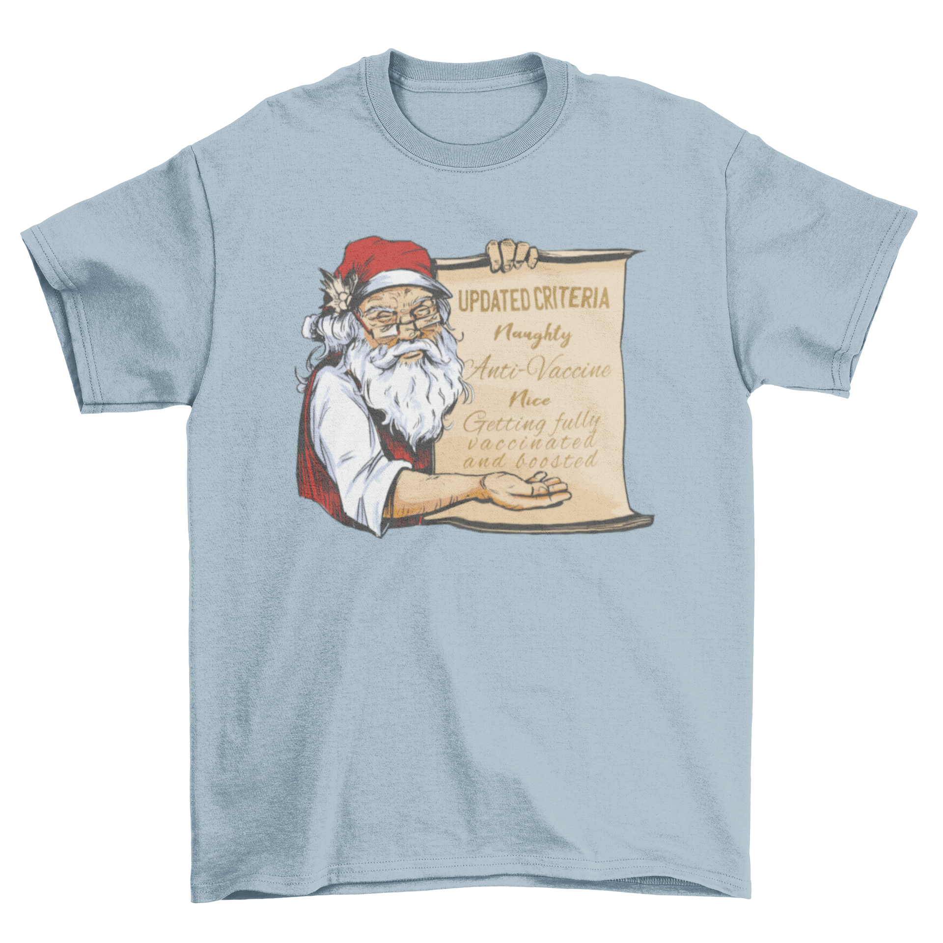 Cool pro-vaccine Santa t-shirt featuring Santa holding a list with a humorous vaccination quote.