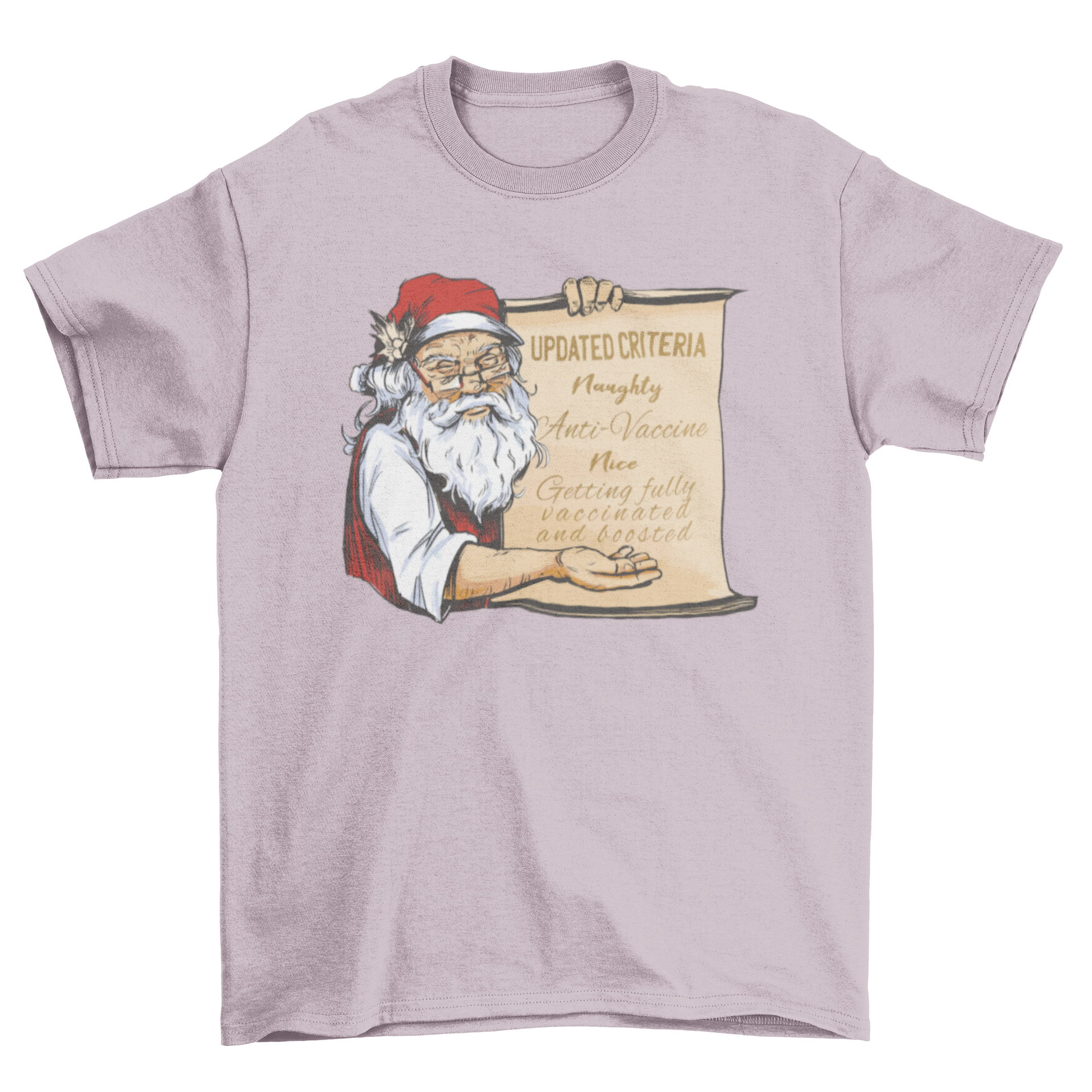 Cool pro-vaccine Santa t-shirt featuring Santa holding a list with a humorous vaccination quote.