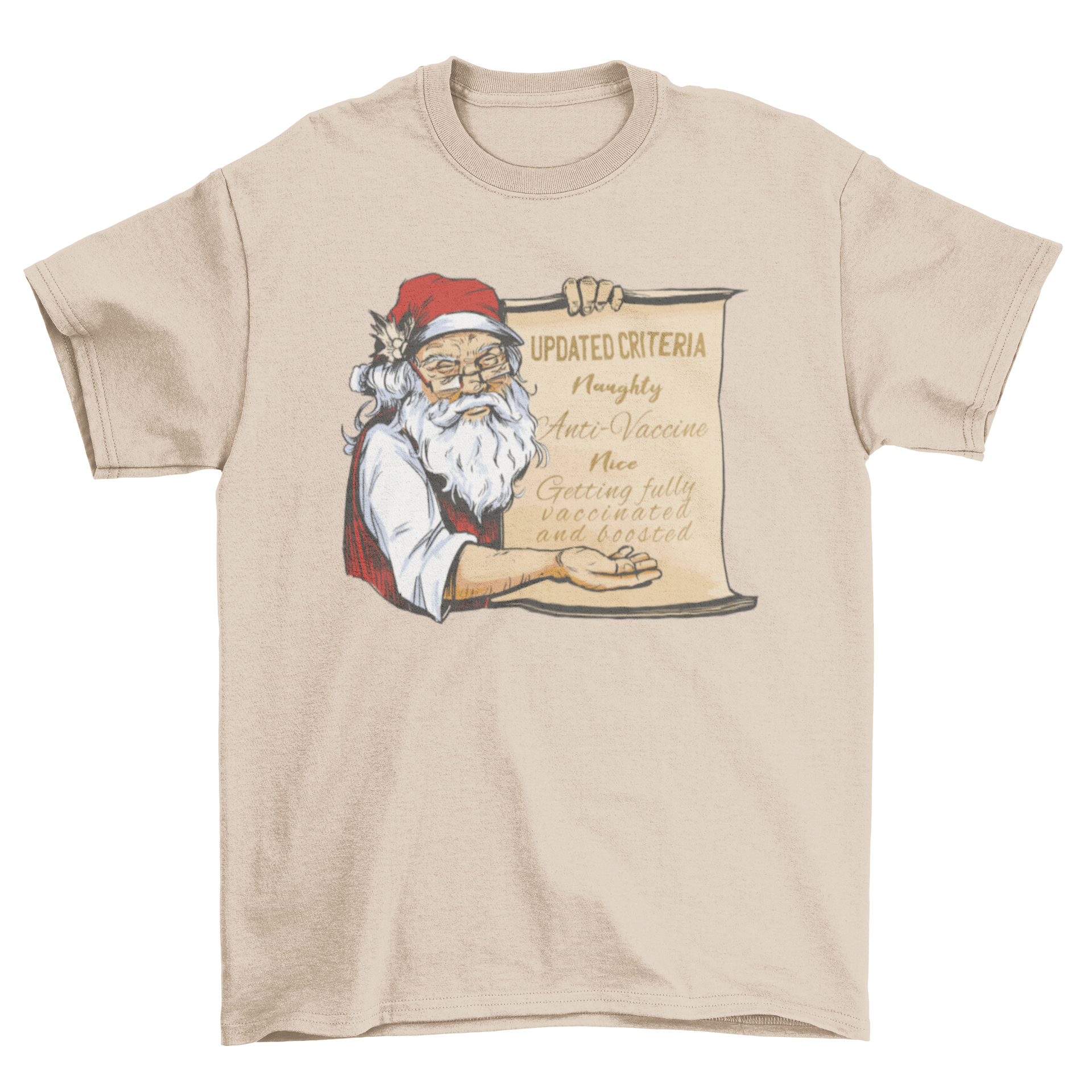 Cool pro-vaccine Santa t-shirt featuring Santa holding a list with a humorous vaccination quote.