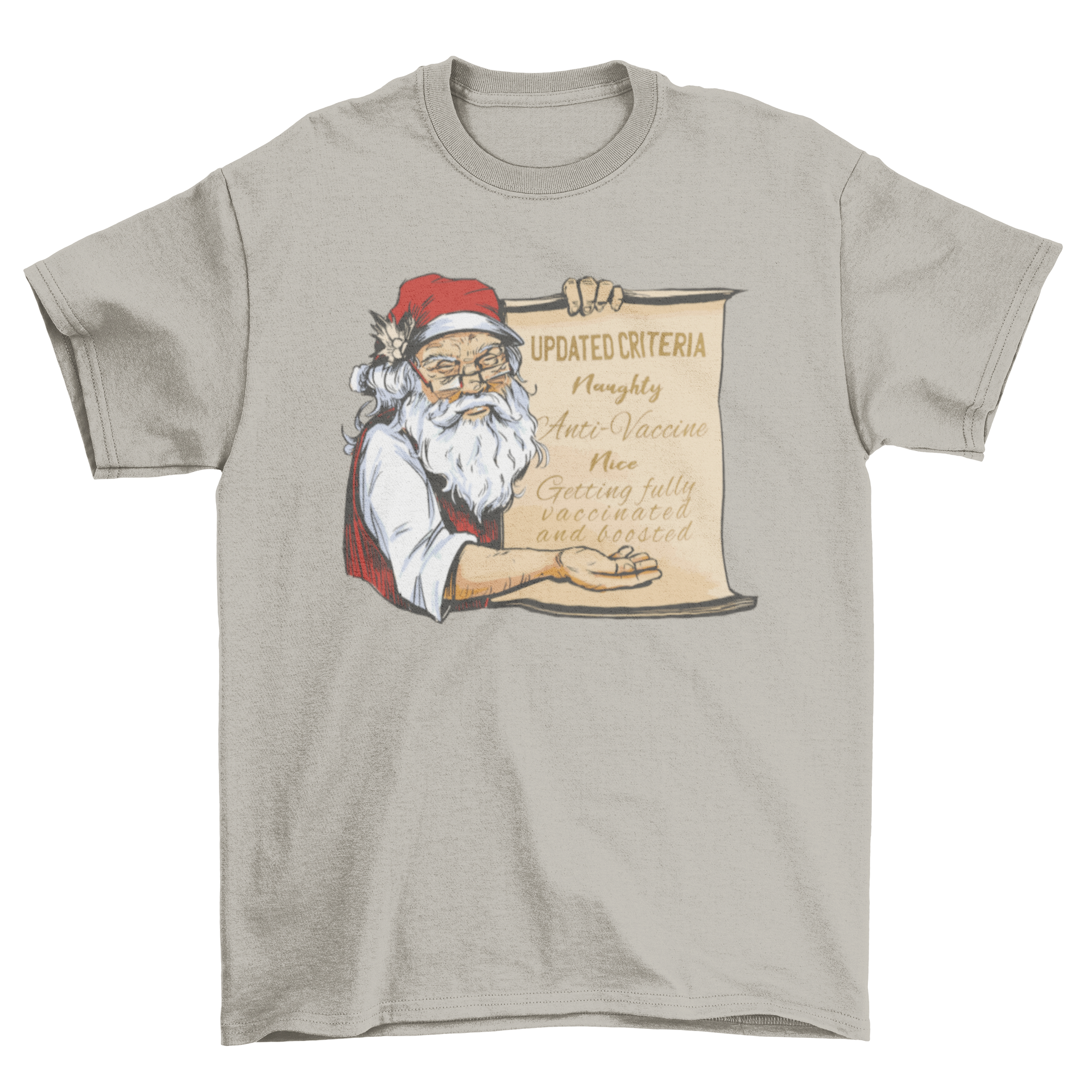 Cool pro-vaccine Santa t-shirt featuring Santa holding a list with a humorous vaccination quote.