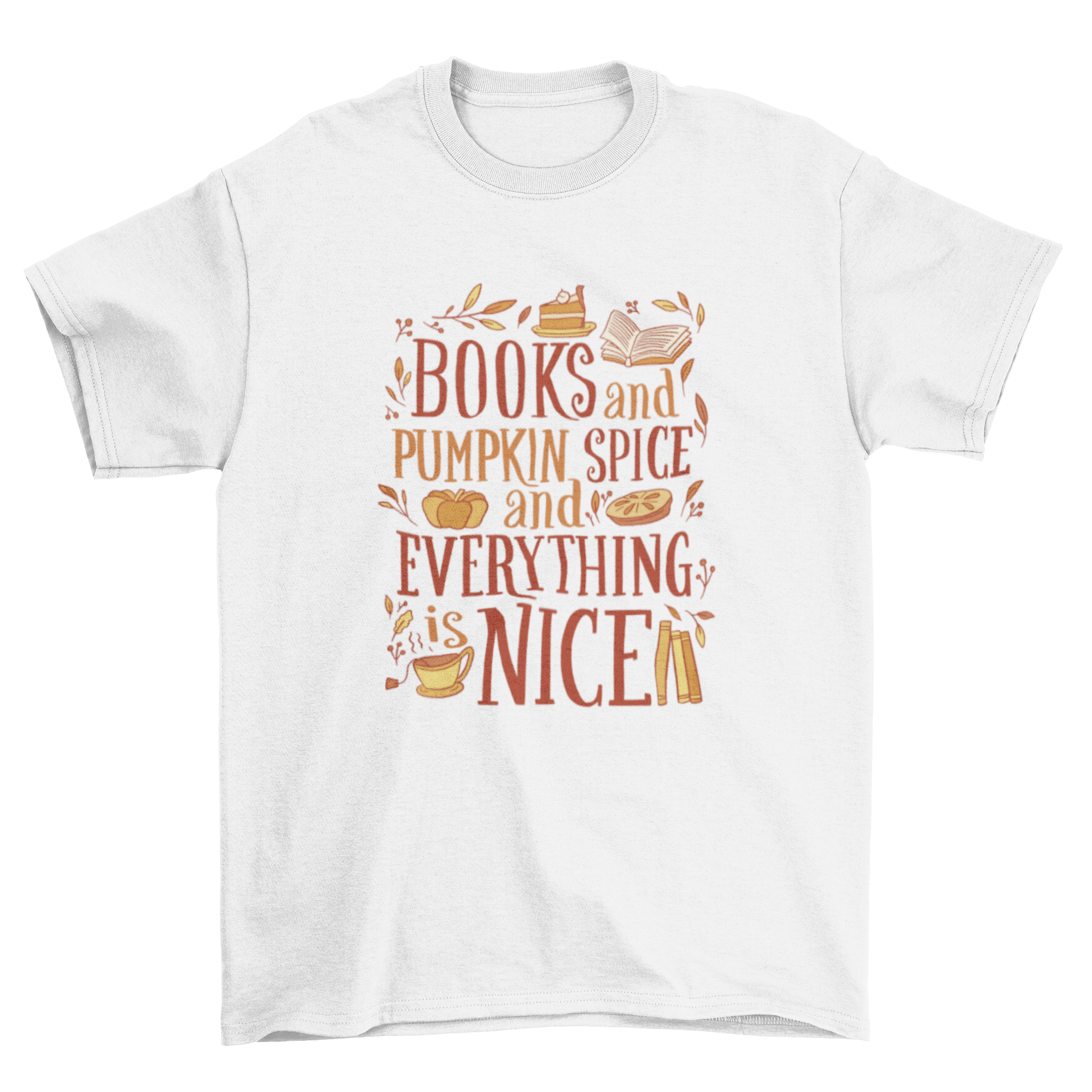 A stylish t-shirt featuring a pumpkin graphic and the quote 'Books and pumpkin spice and everything is nice' for autumn wear.