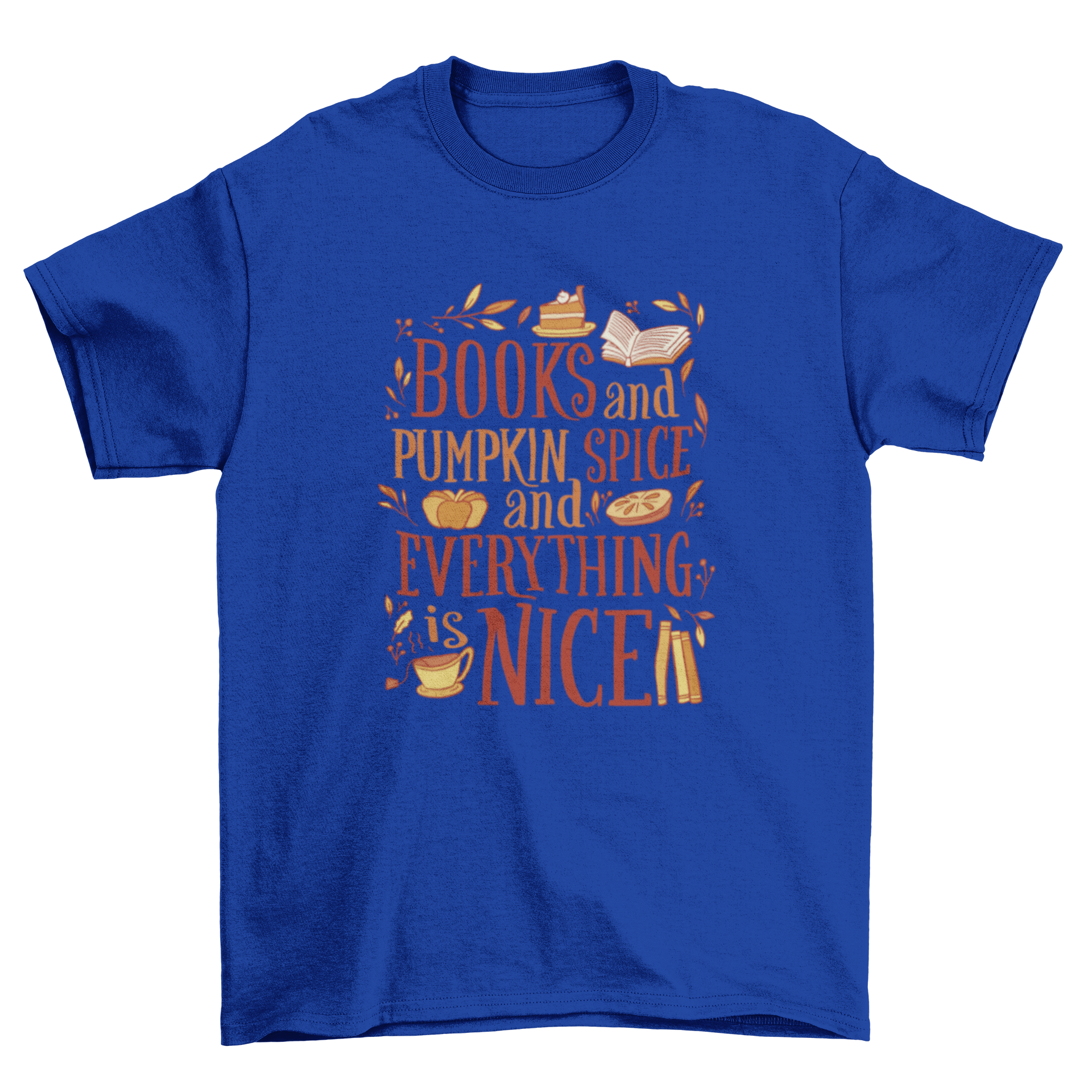 A stylish t-shirt featuring a pumpkin graphic and the quote 'Books and pumpkin spice and everything is nice' for autumn wear.