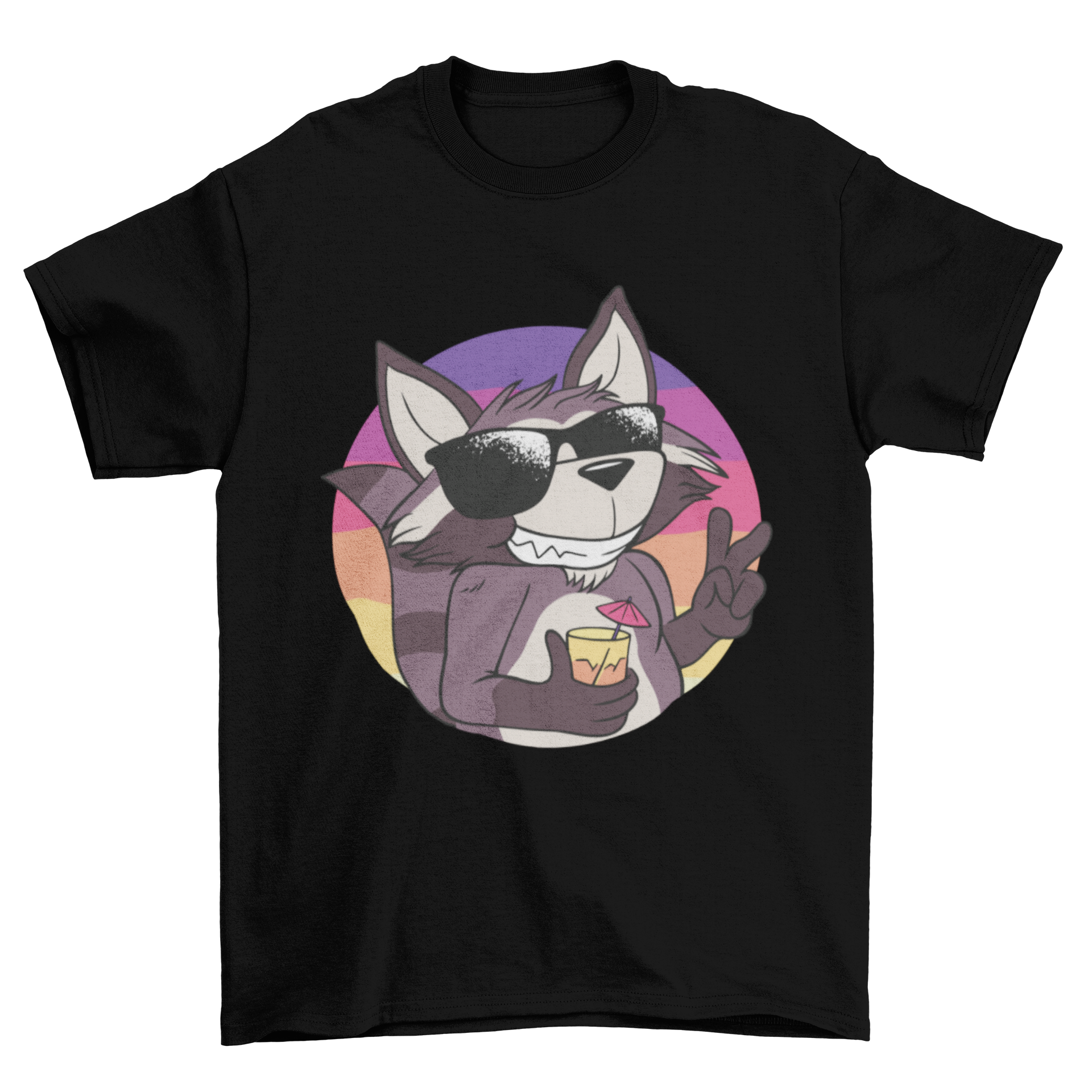 A stylish t-shirt featuring a cool raccoon wearing sunglasses, perfect for casual wear.