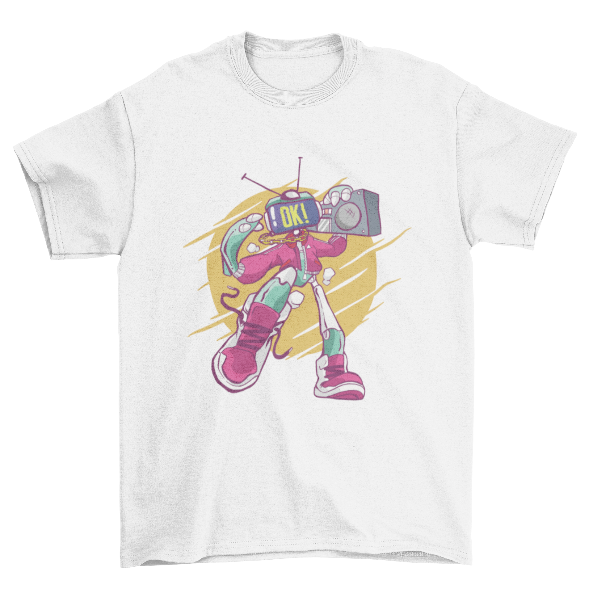 Cool Robot Boombox T-shirt design featuring a robot with sneakers and a boombox, displaying an 'OK' screen face.