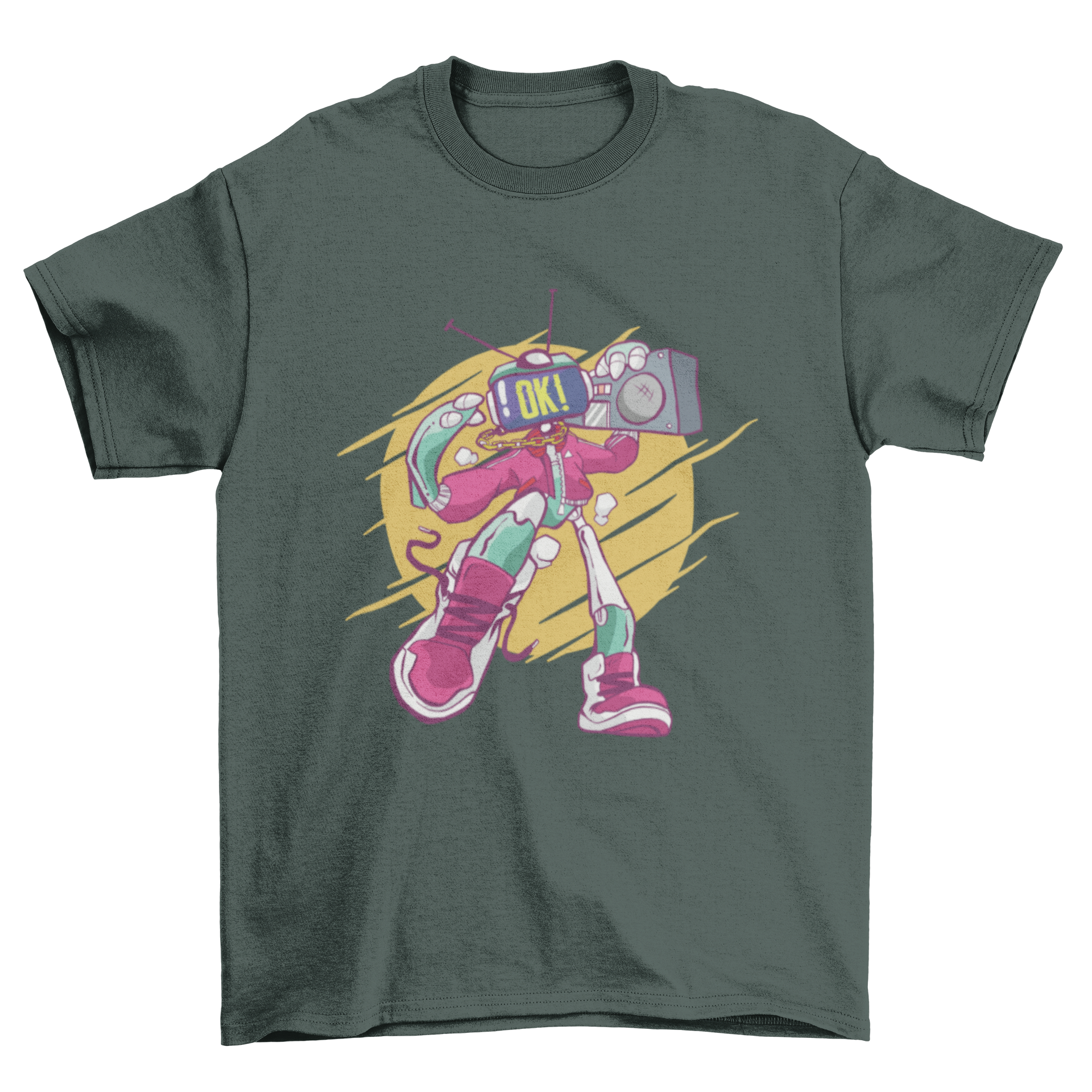 Cool Robot Boombox T-shirt design featuring a robot with sneakers and a boombox, displaying an 'OK' screen face.