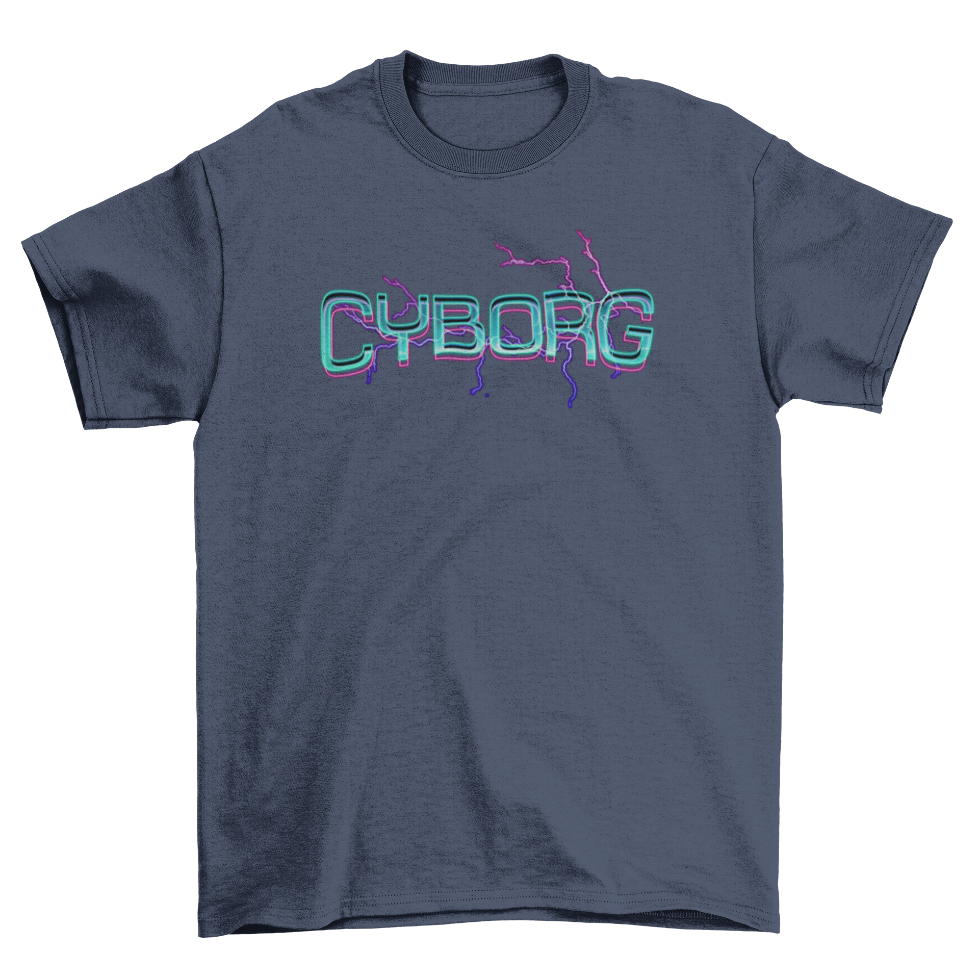A stylish t-shirt featuring the word 'Cyborg' in a futuristic font, showcasing a unique and scalable design.