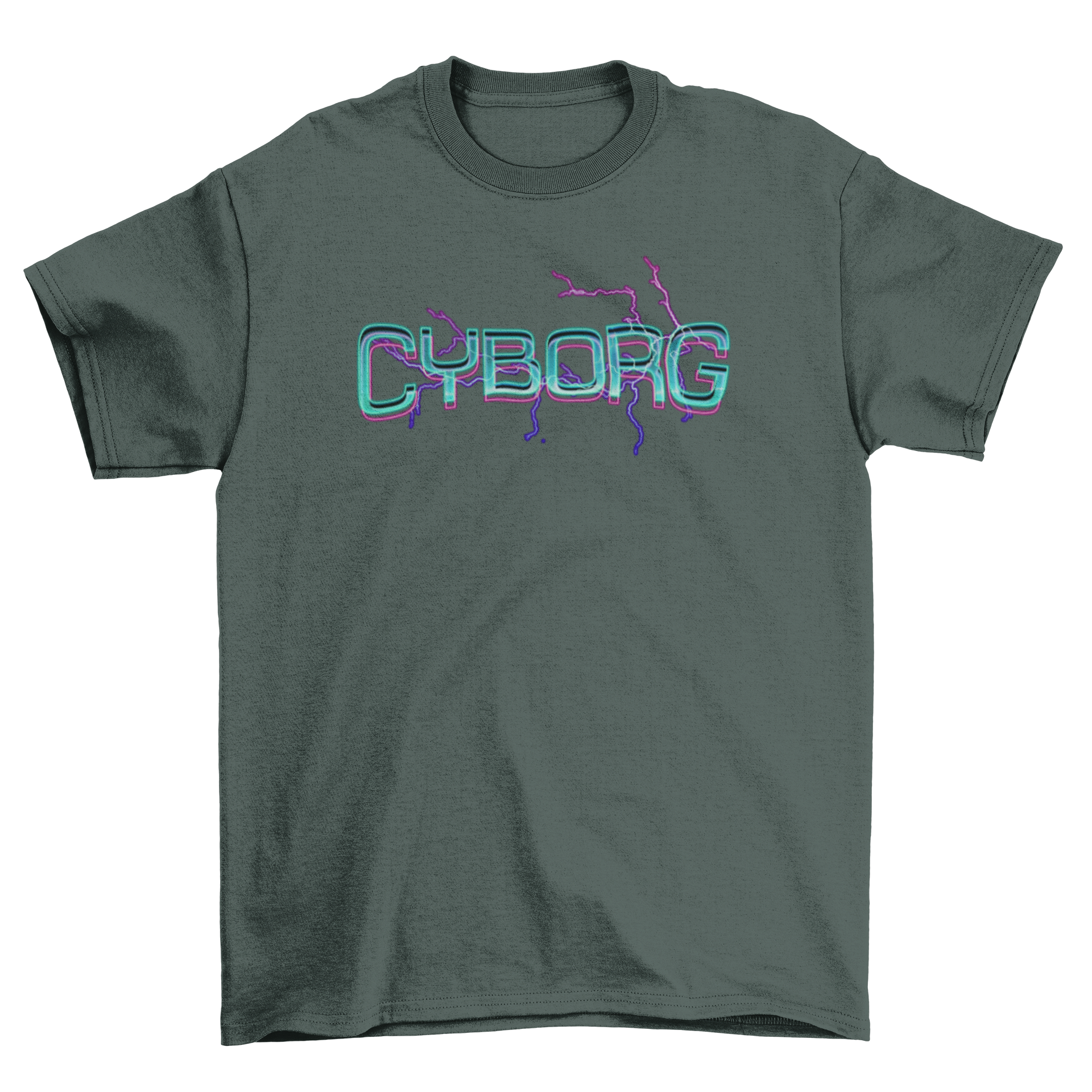 A stylish t-shirt featuring the word 'Cyborg' in a futuristic font, showcasing a unique and scalable design.