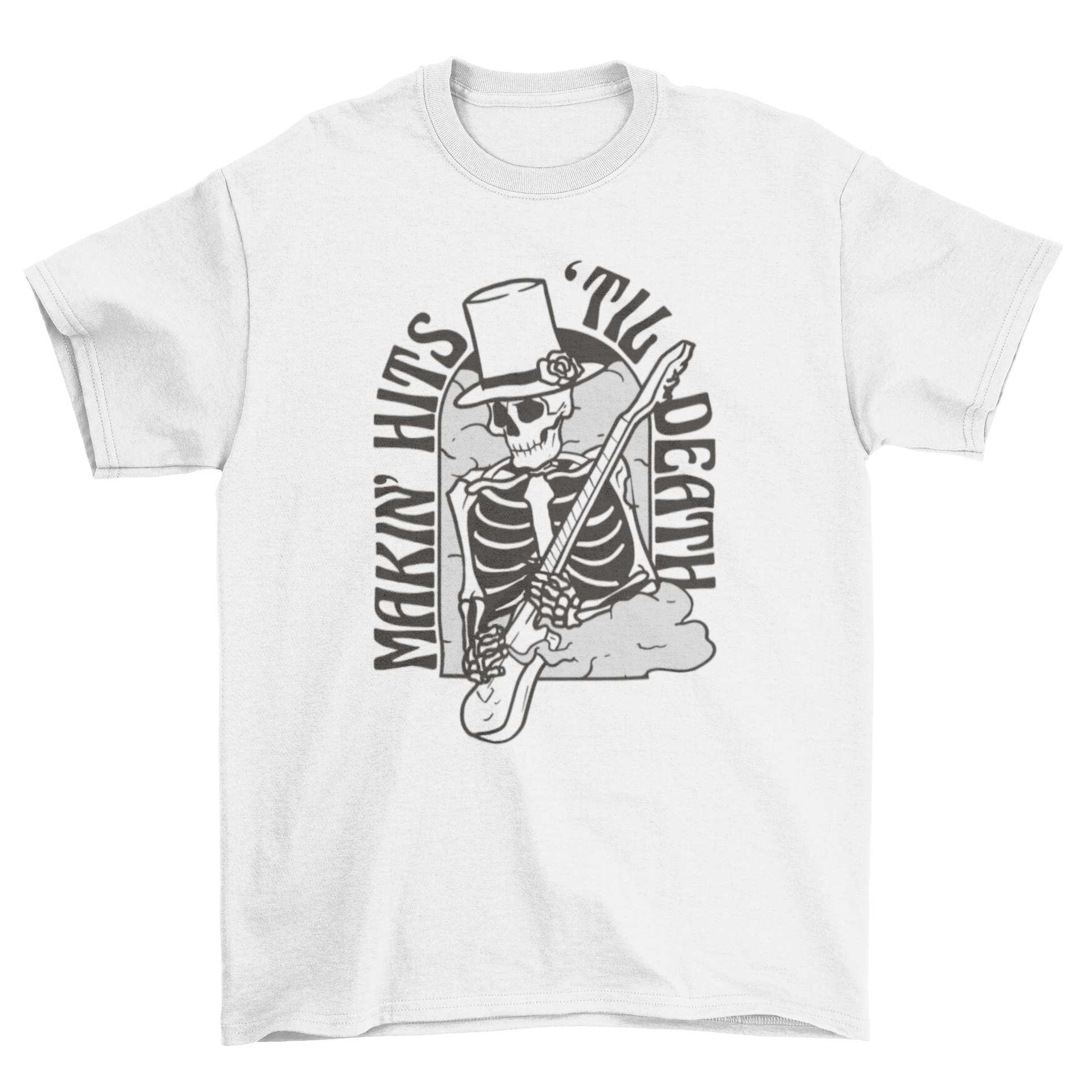 Cool t-shirt featuring a skeleton playing electric guitar with the quote 'Makin' hits 'til death'.