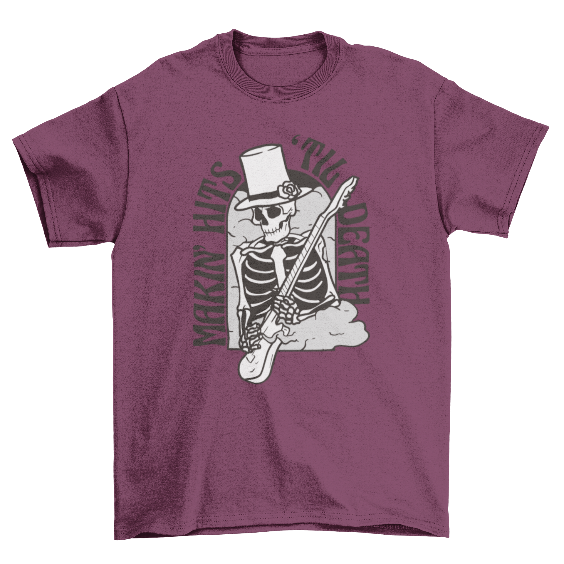 Cool t-shirt featuring a skeleton playing electric guitar with the quote 'Makin' hits 'til death'.
