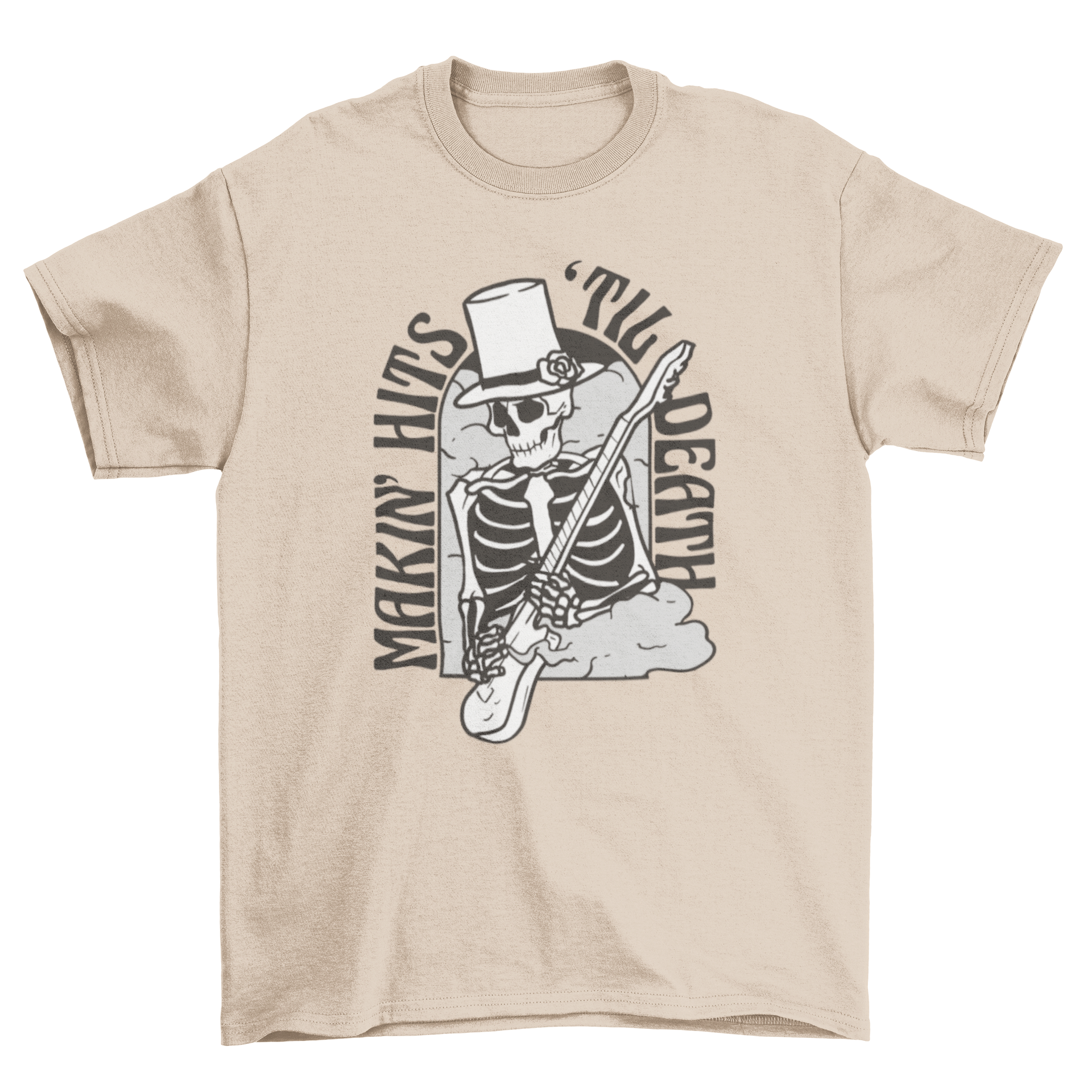 Cool t-shirt featuring a skeleton playing electric guitar with the quote 'Makin' hits 'til death'.