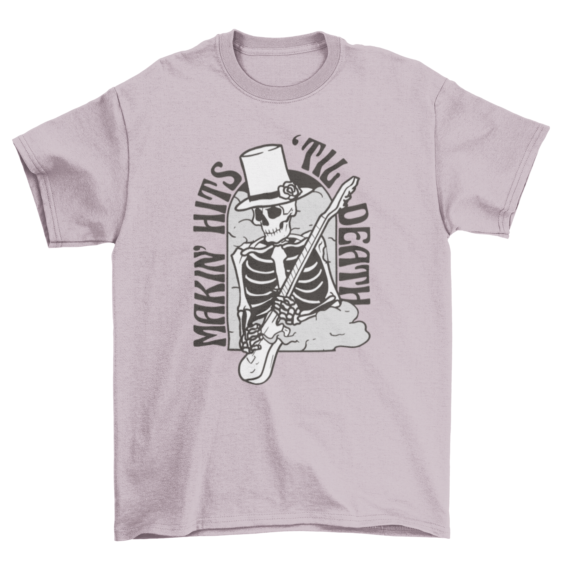 Cool t-shirt featuring a skeleton playing electric guitar with the quote 'Makin' hits 'til death'.