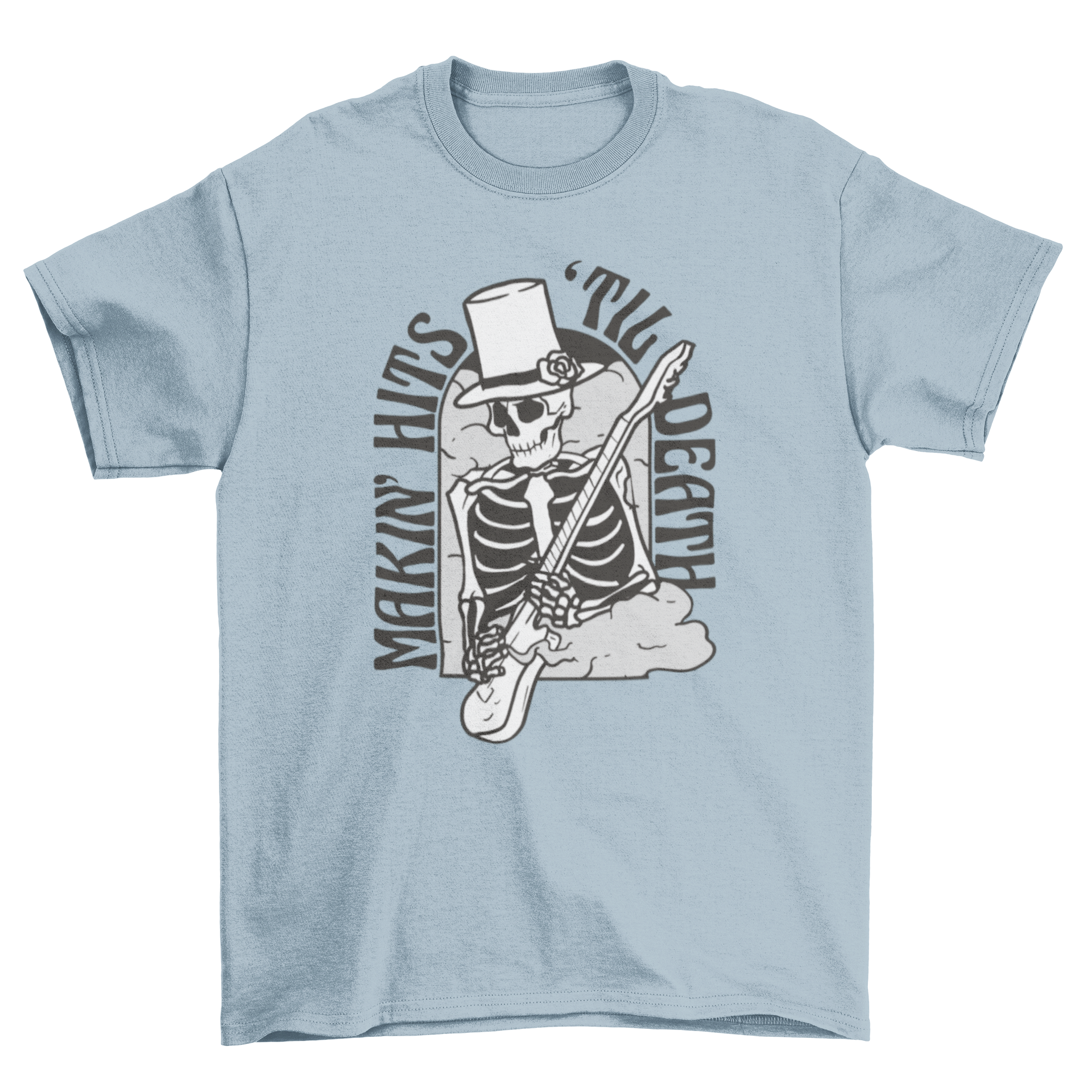 Cool t-shirt featuring a skeleton playing electric guitar with the quote 'Makin' hits 'til death'.