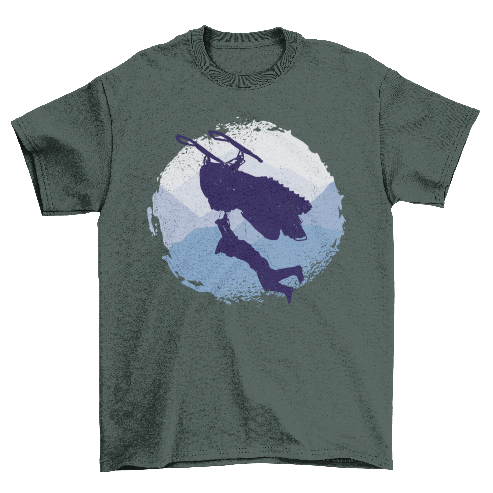 Cool t-shirt featuring a snowmobile trick design against a snow mountain landscape.