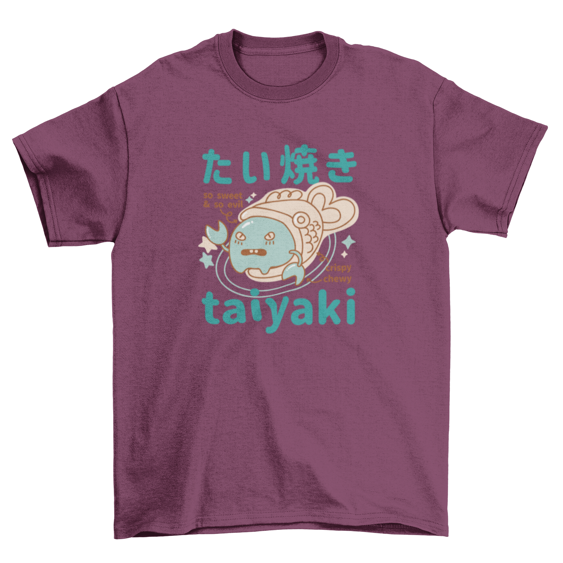 Cool Taiyaki Food Monster T-Shirt featuring a playful design of a fish-shaped cake with a monster face.