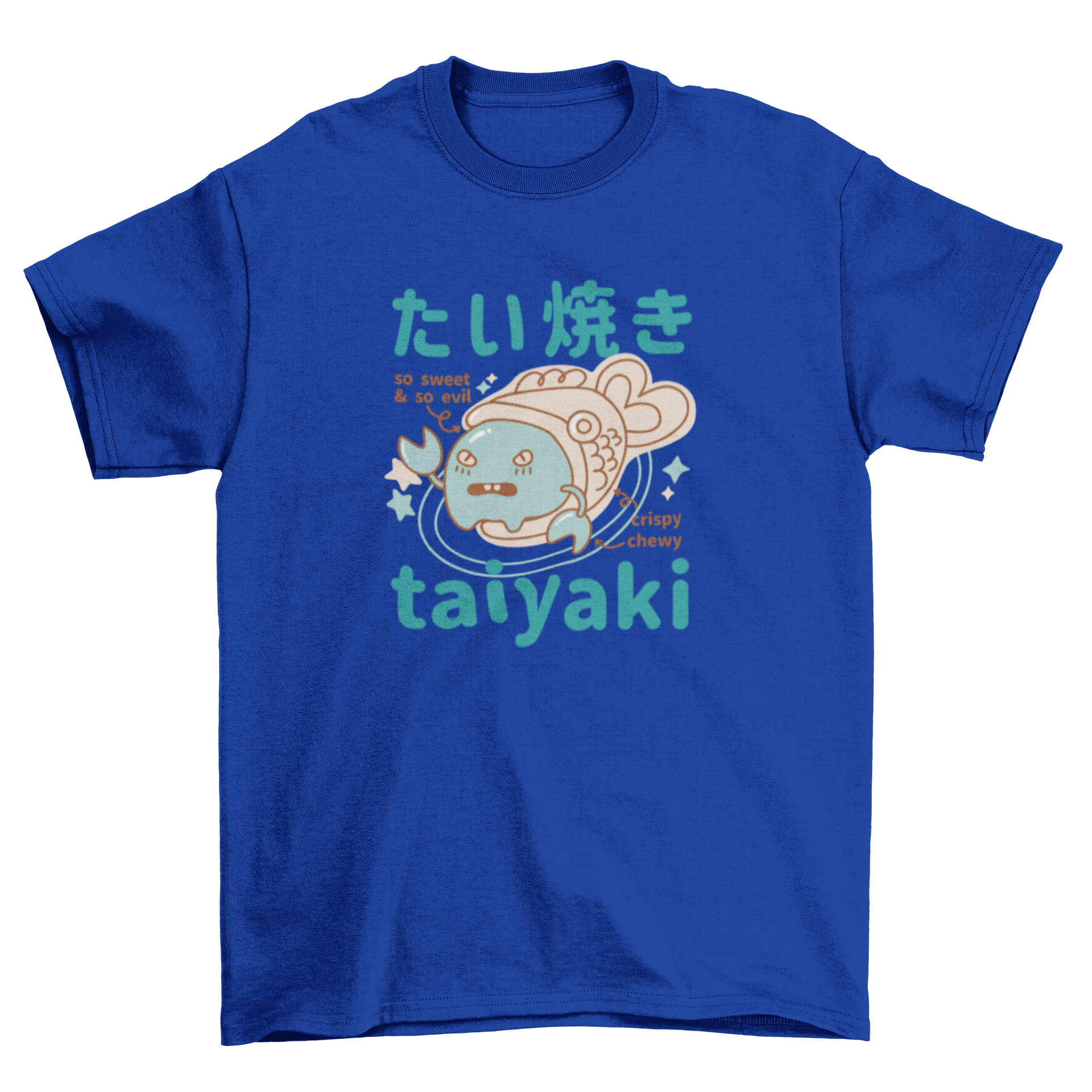 Cool Taiyaki Food Monster T-Shirt featuring a playful design of a fish-shaped cake with a monster face.