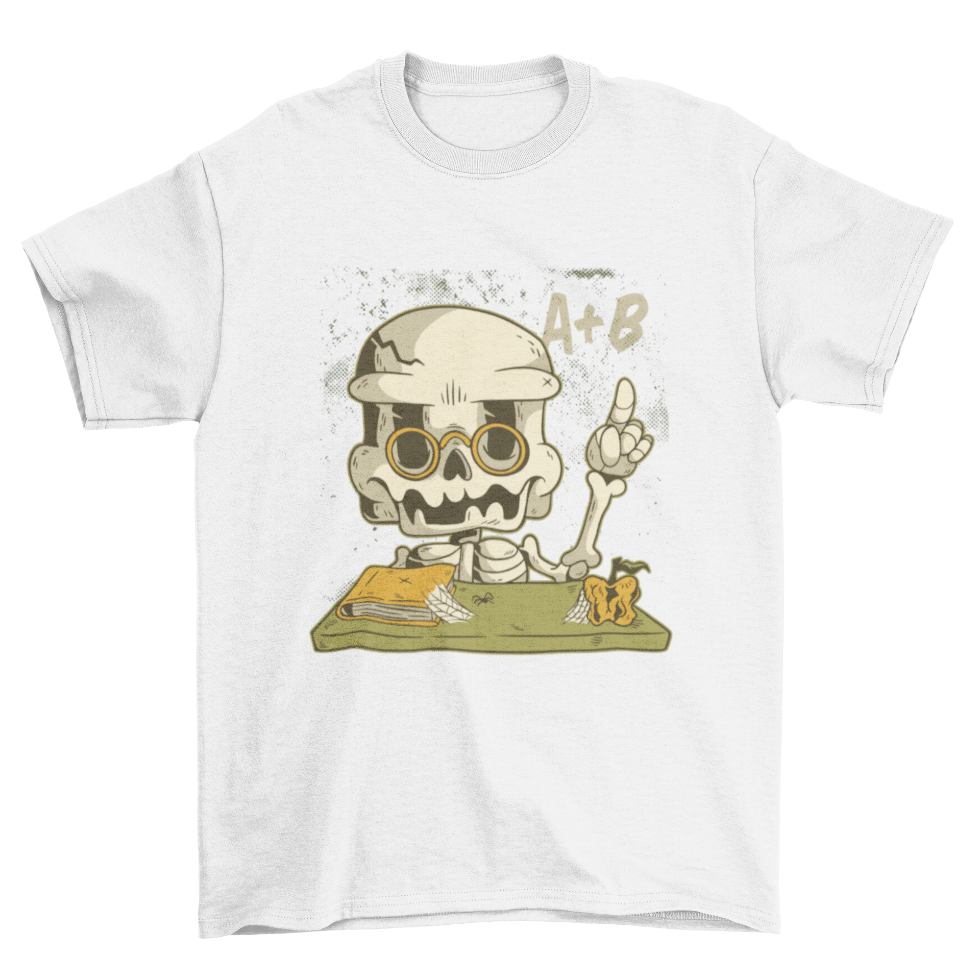 Cool Teaching Teacher Skeleton T-shirt featuring a skeleton with glasses, an apple, and a book with spider webs.