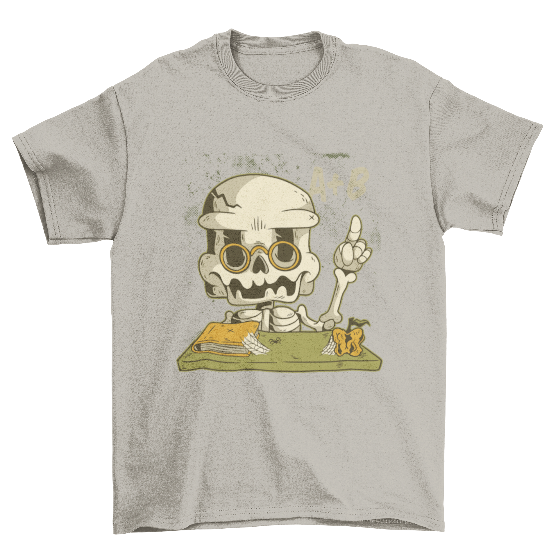 Cool Teaching Teacher Skeleton T-shirt featuring a skeleton with glasses, an apple, and a book with spider webs.