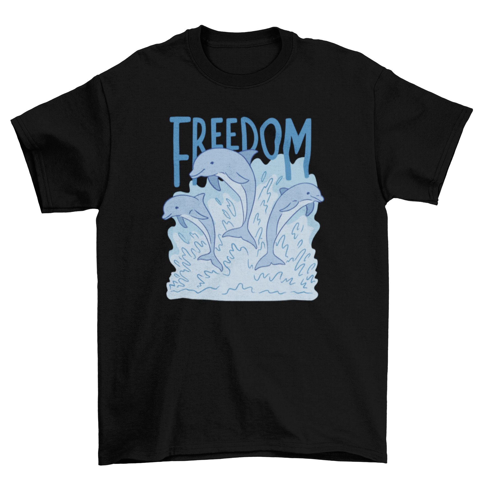 A stylish t-shirt featuring three dolphins jumping out of the water with the quote 'Freedom' elegantly displayed.