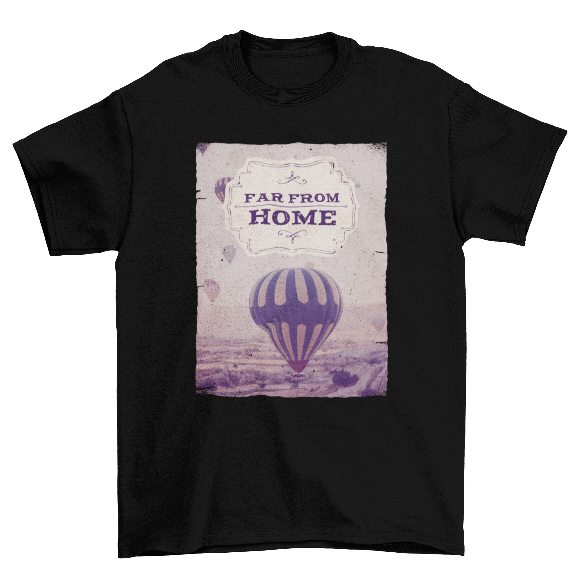 Cool t-shirt featuring an air balloon design with the quote 'far from home', perfect for travel enthusiasts.