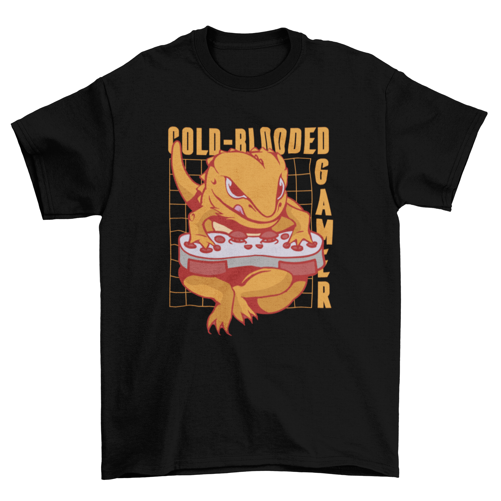 Cold Blooded Gamer T-Shirt featuring a gecko playing with a gaming controller and the quote 'Cold-blooded gamer'.