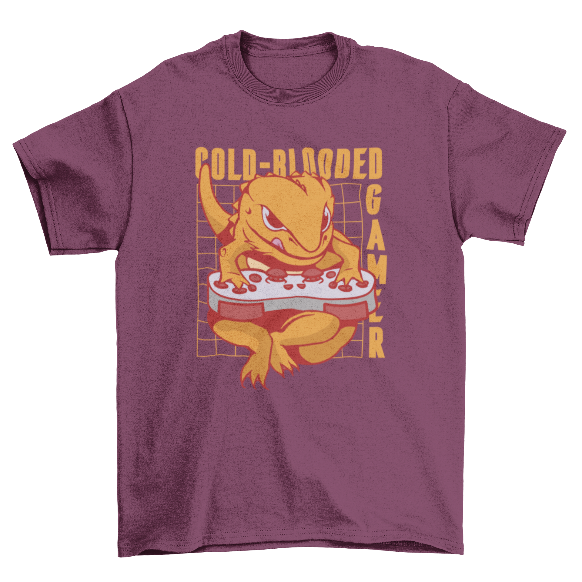 Cold Blooded Gamer T-Shirt featuring a gecko playing with a gaming controller and the quote 'Cold-blooded gamer'.