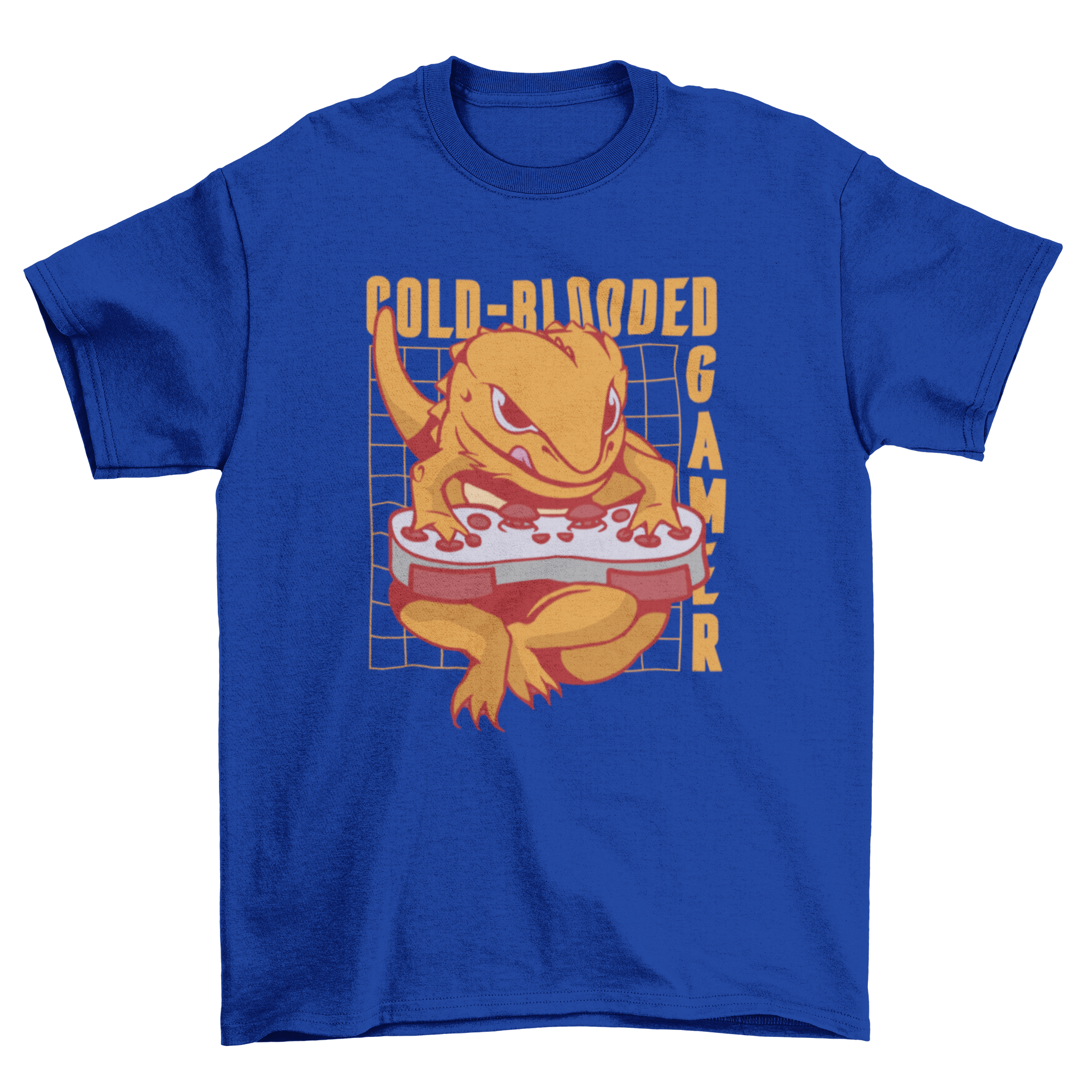 Cold Blooded Gamer T-Shirt featuring a gecko playing with a gaming controller and the quote 'Cold-blooded gamer'.