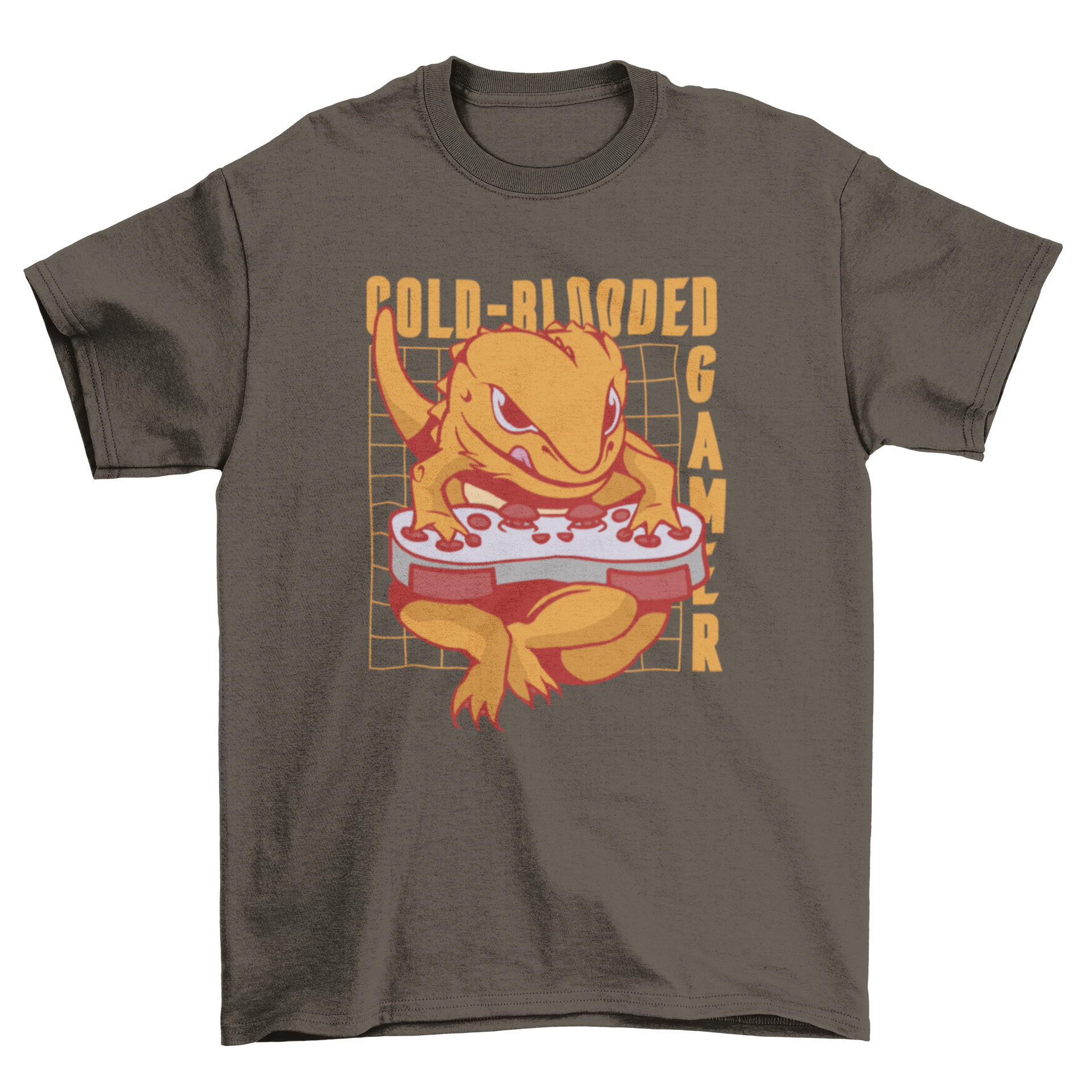 Cold Blooded Gamer T-Shirt featuring a gecko playing with a gaming controller and the quote 'Cold-blooded gamer'.