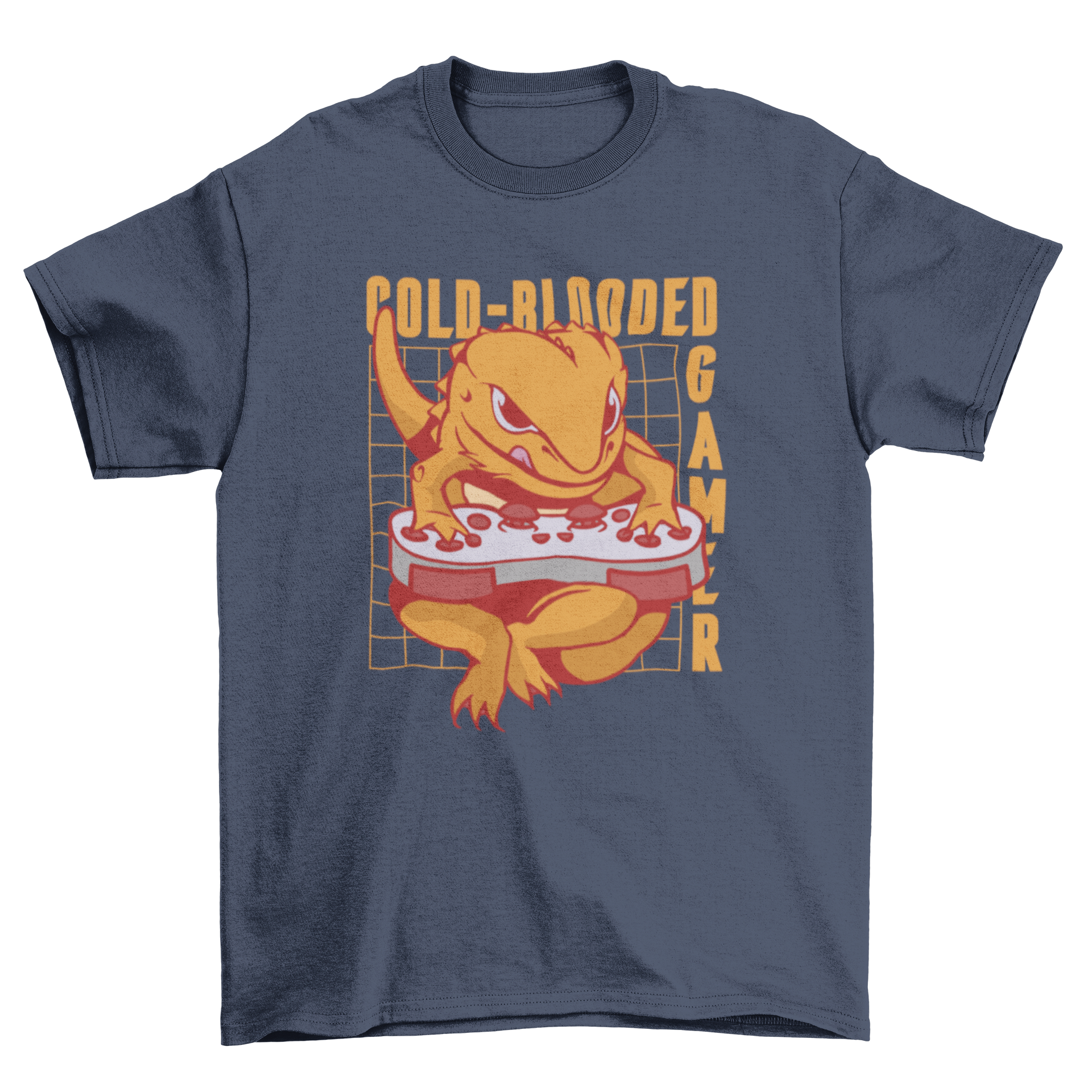 Cold Blooded Gamer T-Shirt featuring a gecko playing with a gaming controller and the quote 'Cold-blooded gamer'.