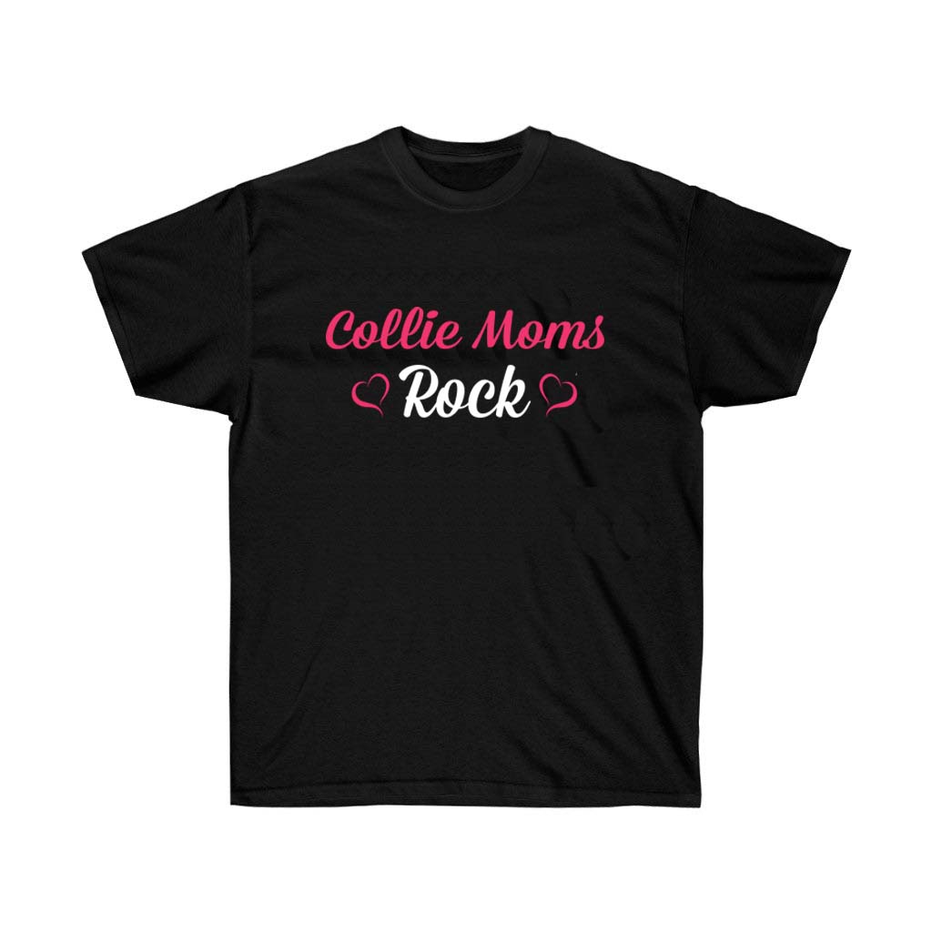 Collie Dog Moms Rock T-Shirt featuring a vibrant vinyl print, made from 100% soft cotton, designed for dog lovers.