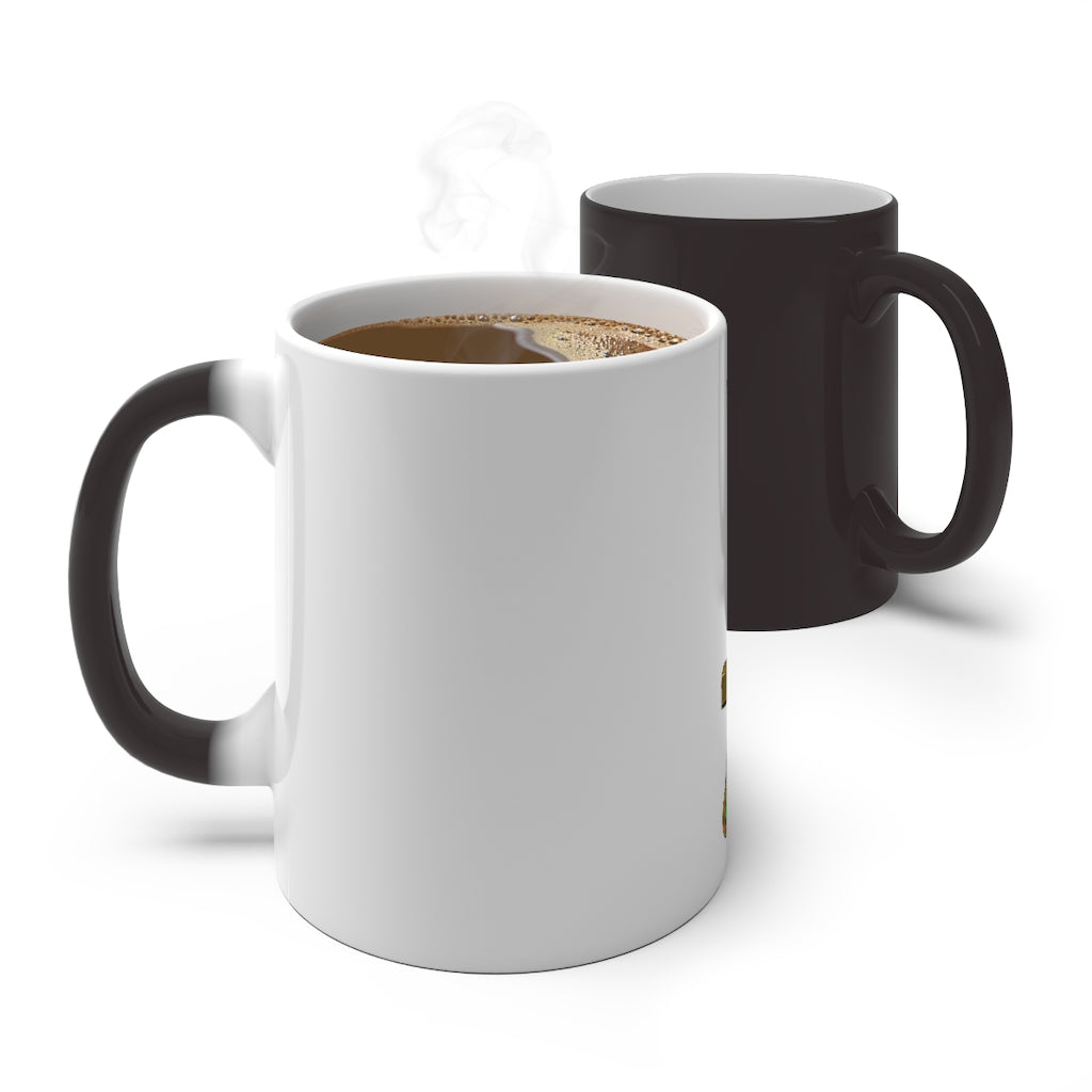 A color changing mug displaying vibrant colors, perfect for warm beverages, featuring a C-handle and rounded corners.