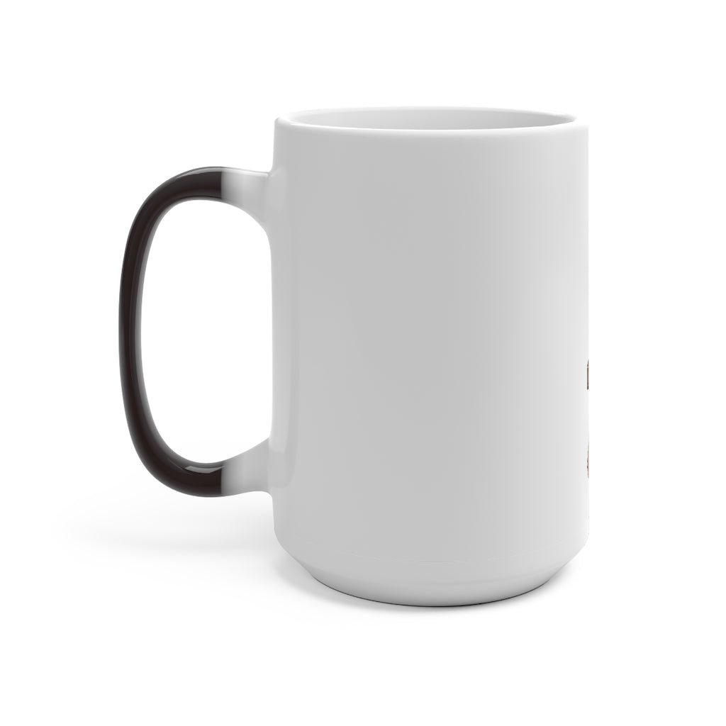 A color changing mug displaying vibrant colors, perfect for warm beverages, featuring a C-handle and rounded corners.