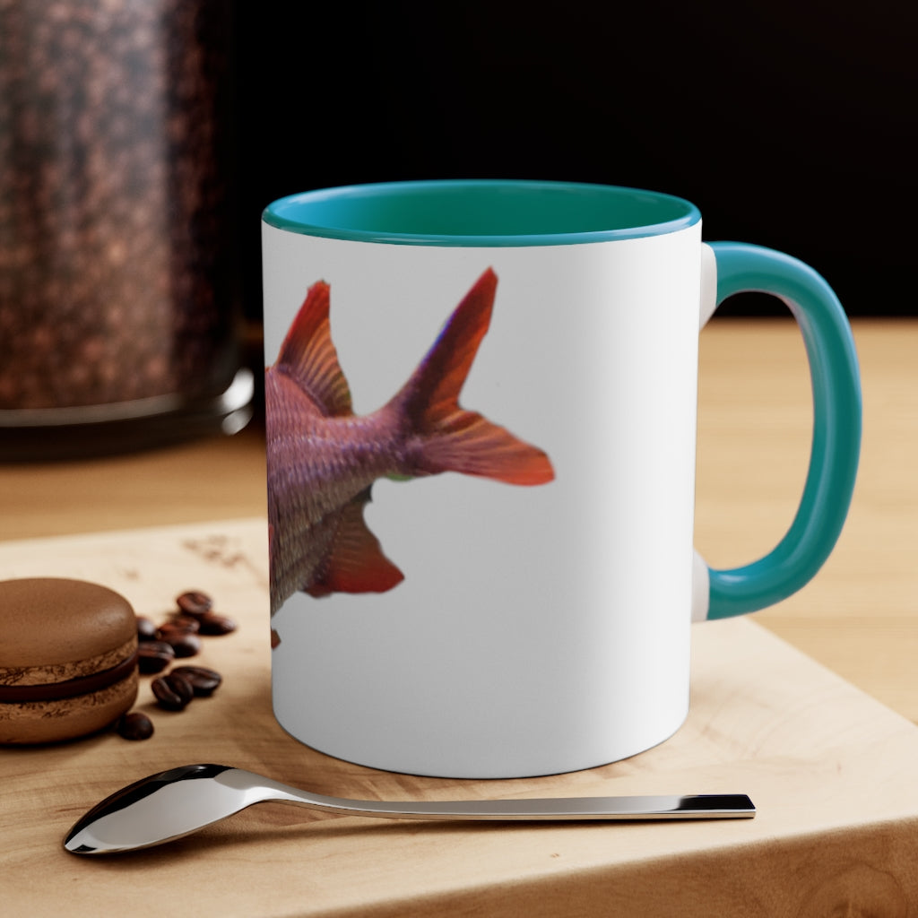 Colored Fish 11oz Accent Mug featuring vibrant colored interior and handle, perfect for personalized designs.