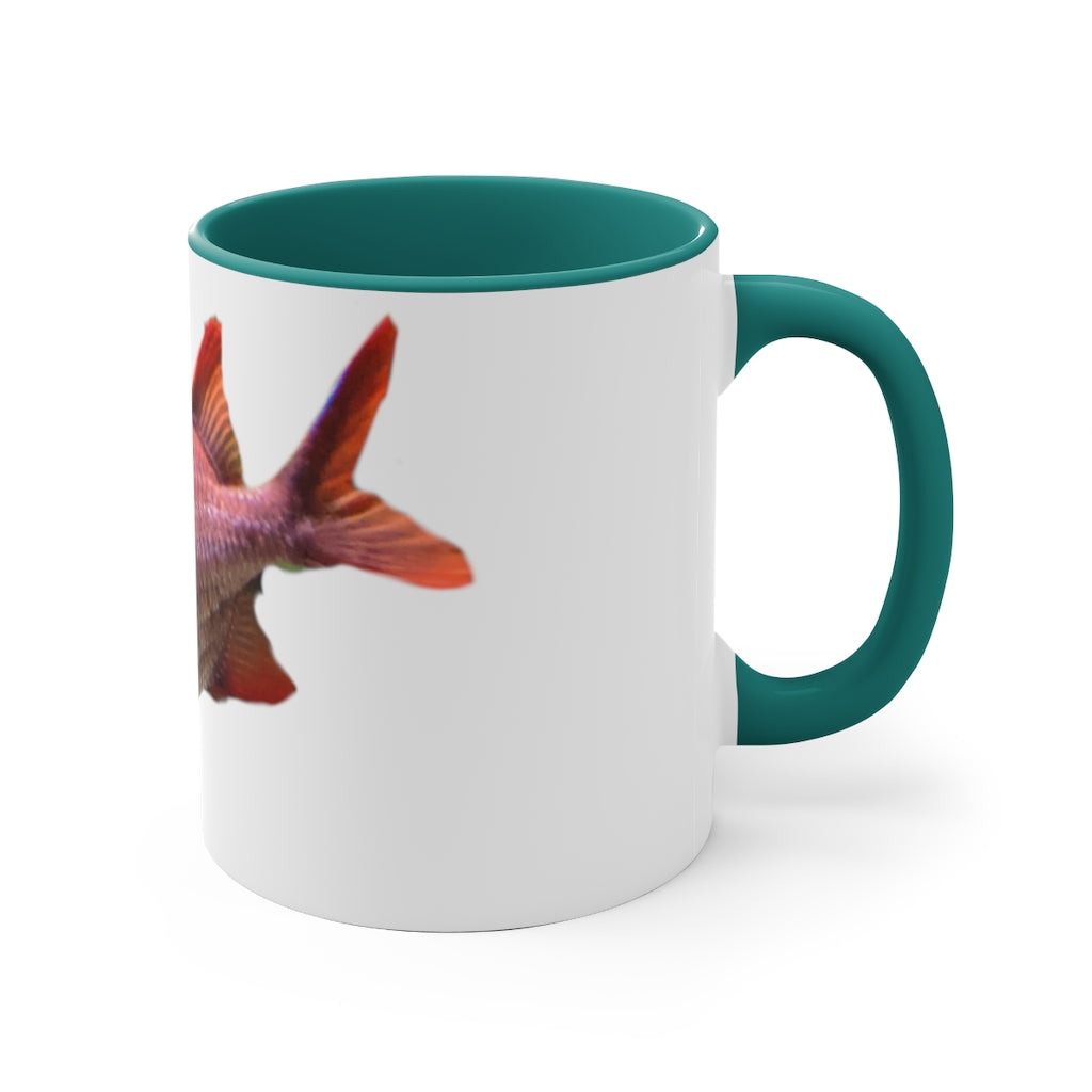 Colored Fish 11oz Accent Mug featuring vibrant colored interior and handle, perfect for personalized designs.