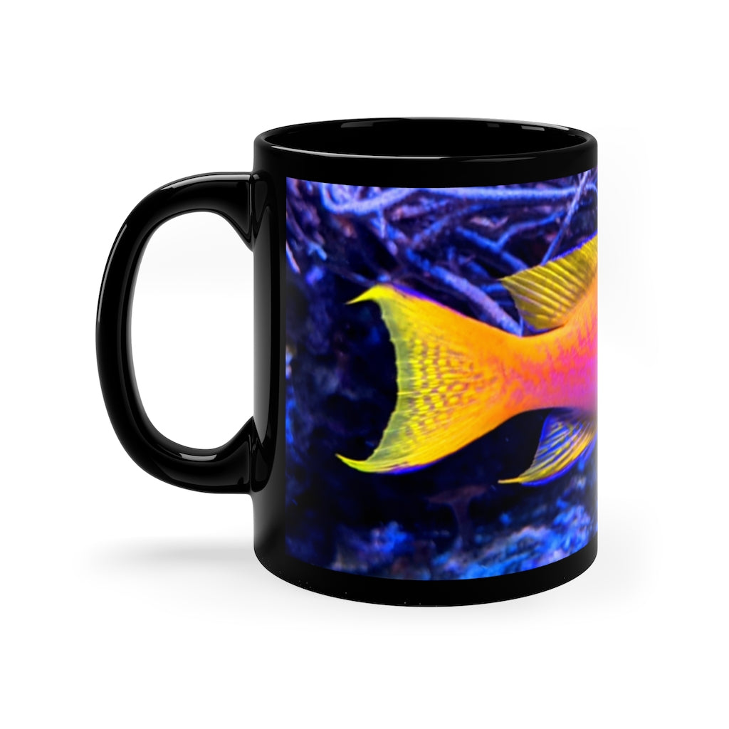 Colored Fish 11oz black ceramic mug with a sleek design, perfect for coffee, tea, or hot chocolate.
