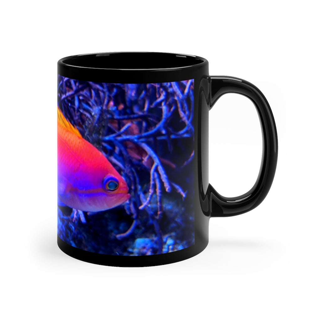 Colored Fish 11oz black ceramic mug with a sleek design, perfect for coffee, tea, or hot chocolate.