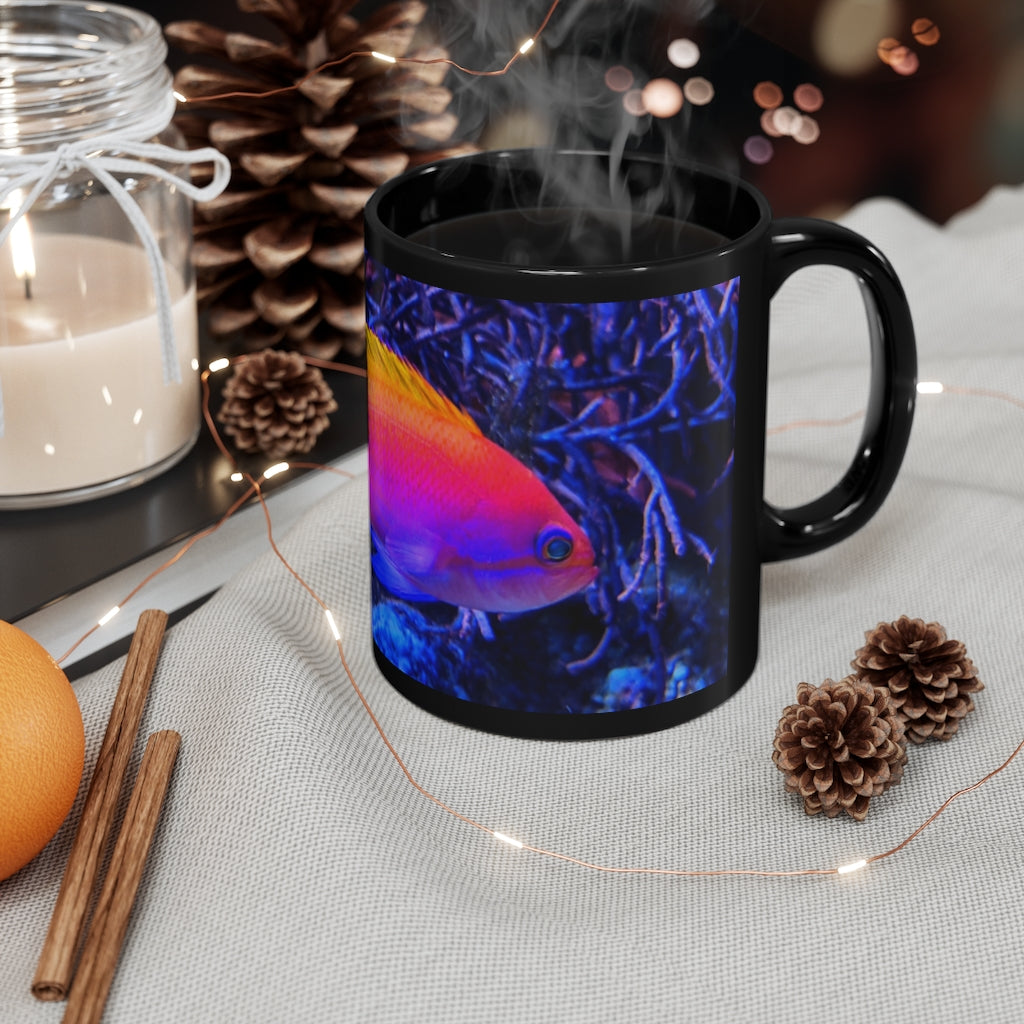 Colored Fish 11oz black ceramic mug with a sleek design, perfect for coffee, tea, or hot chocolate.