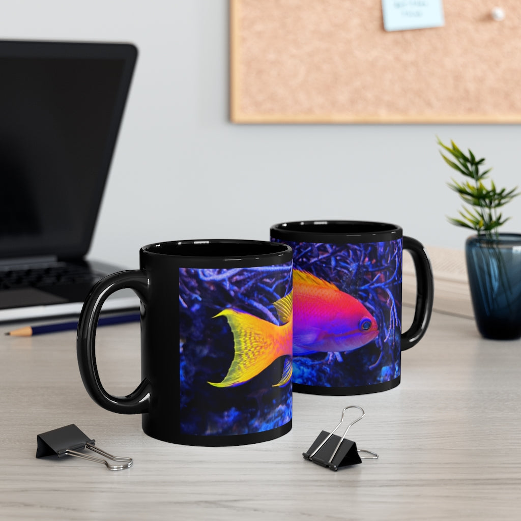 Colored Fish 11oz black ceramic mug with a sleek design, perfect for coffee, tea, or hot chocolate.